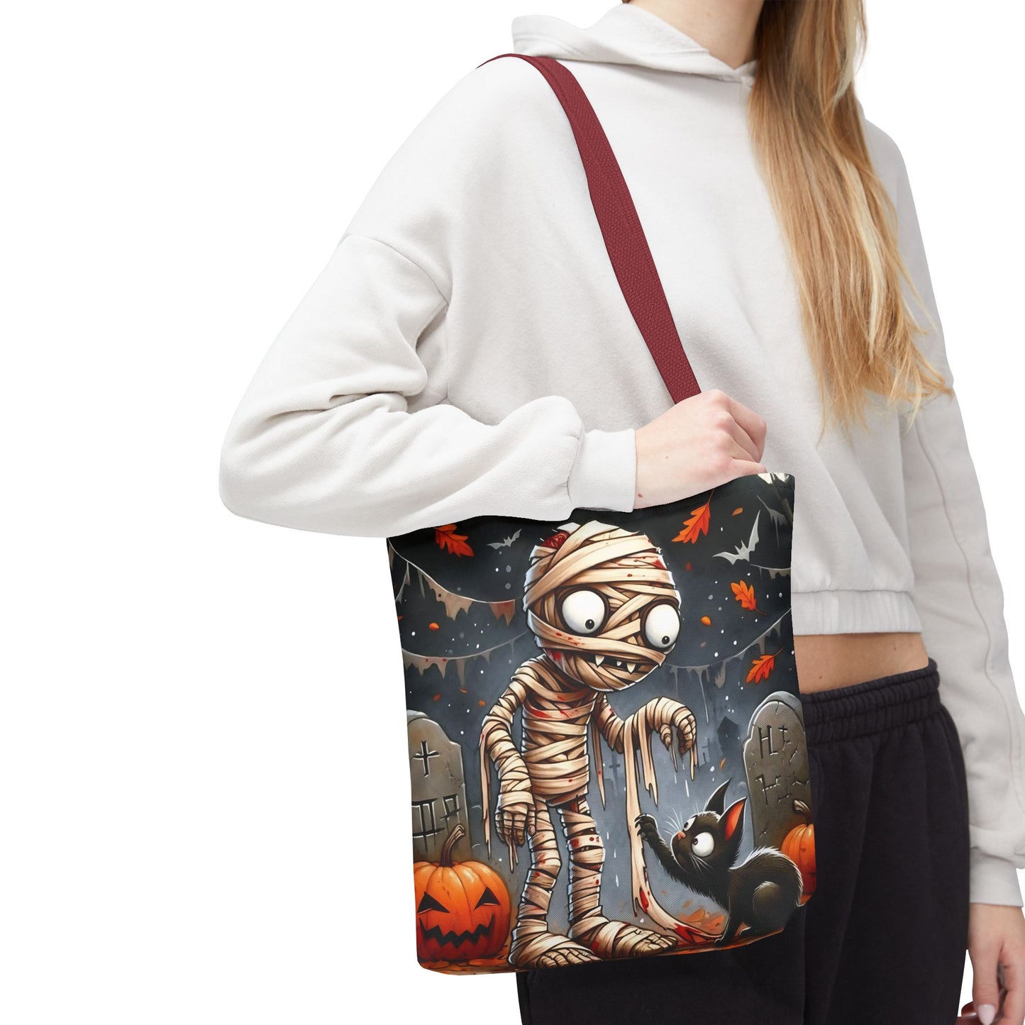🎃 Mummy & Black Cat Halloween Tote Bag – Spooky Cute & Perfect for Trick-or-Treating 🖤🛍️