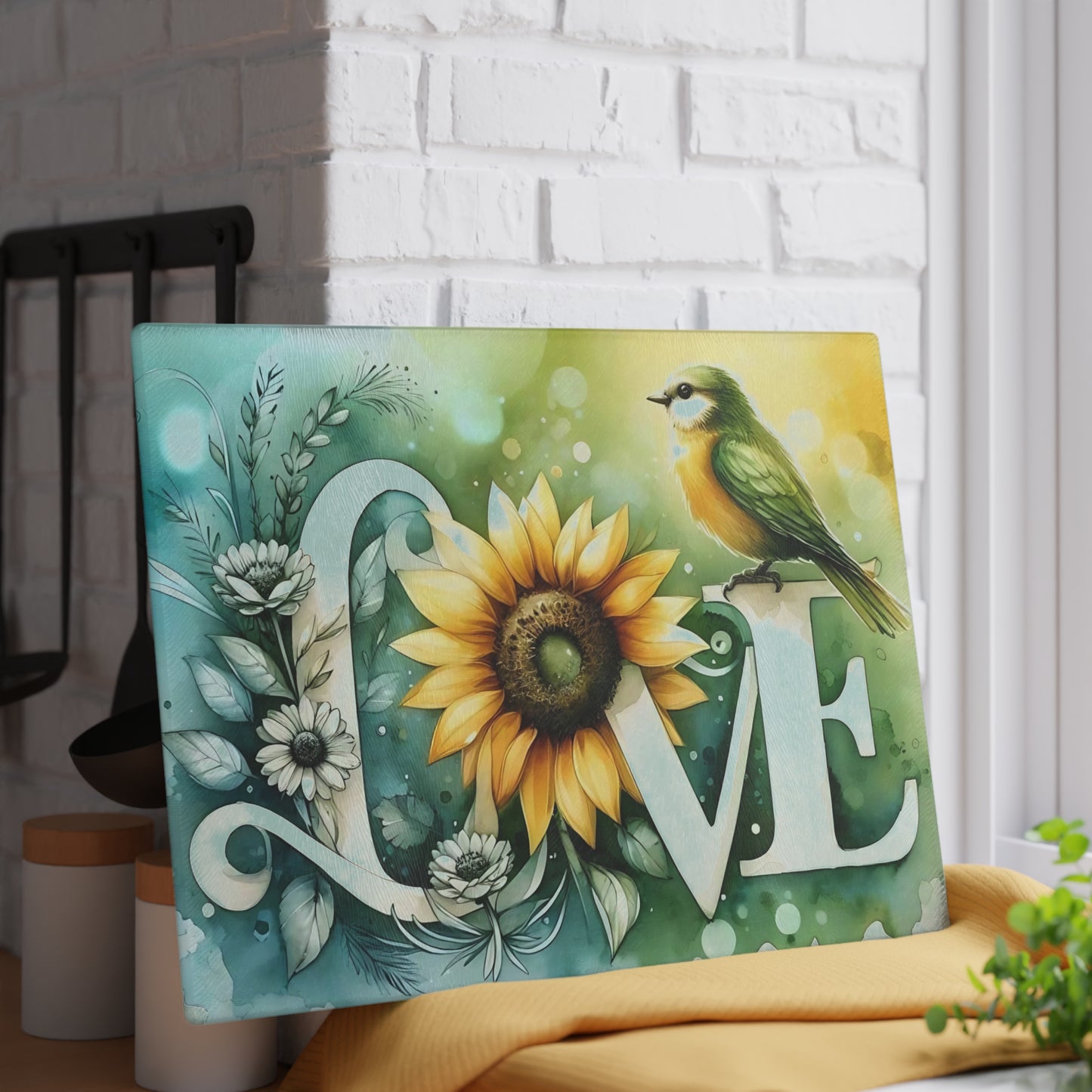 Tabla de cortar, diseño de amor con pájaros y girasoles, decoración de cocina, bandeja de vidrio para servir, regalo de inauguración de la casa, utensilio de cocina