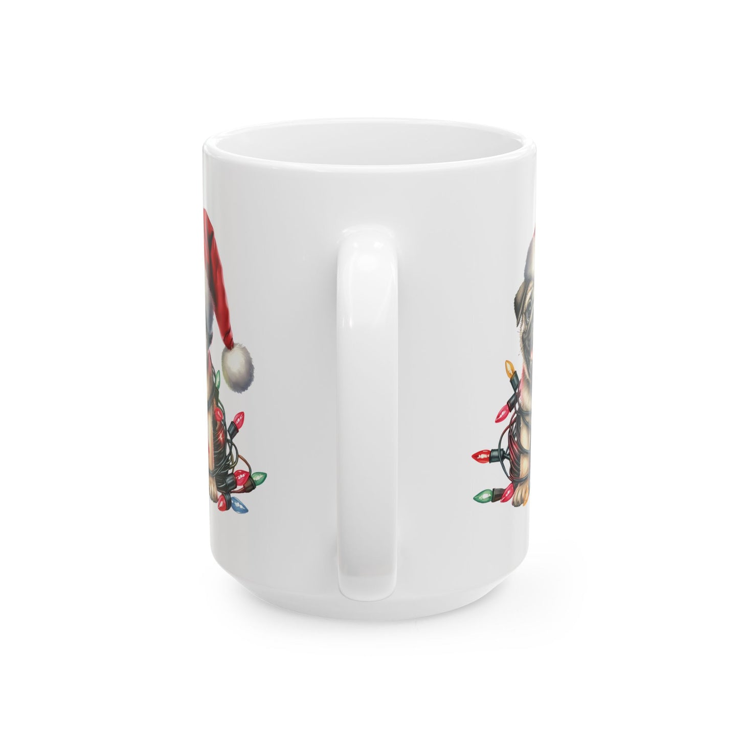๐ Pug Christmas Mug โ Festive Santa Hat & Tangled Lights Delight ๐