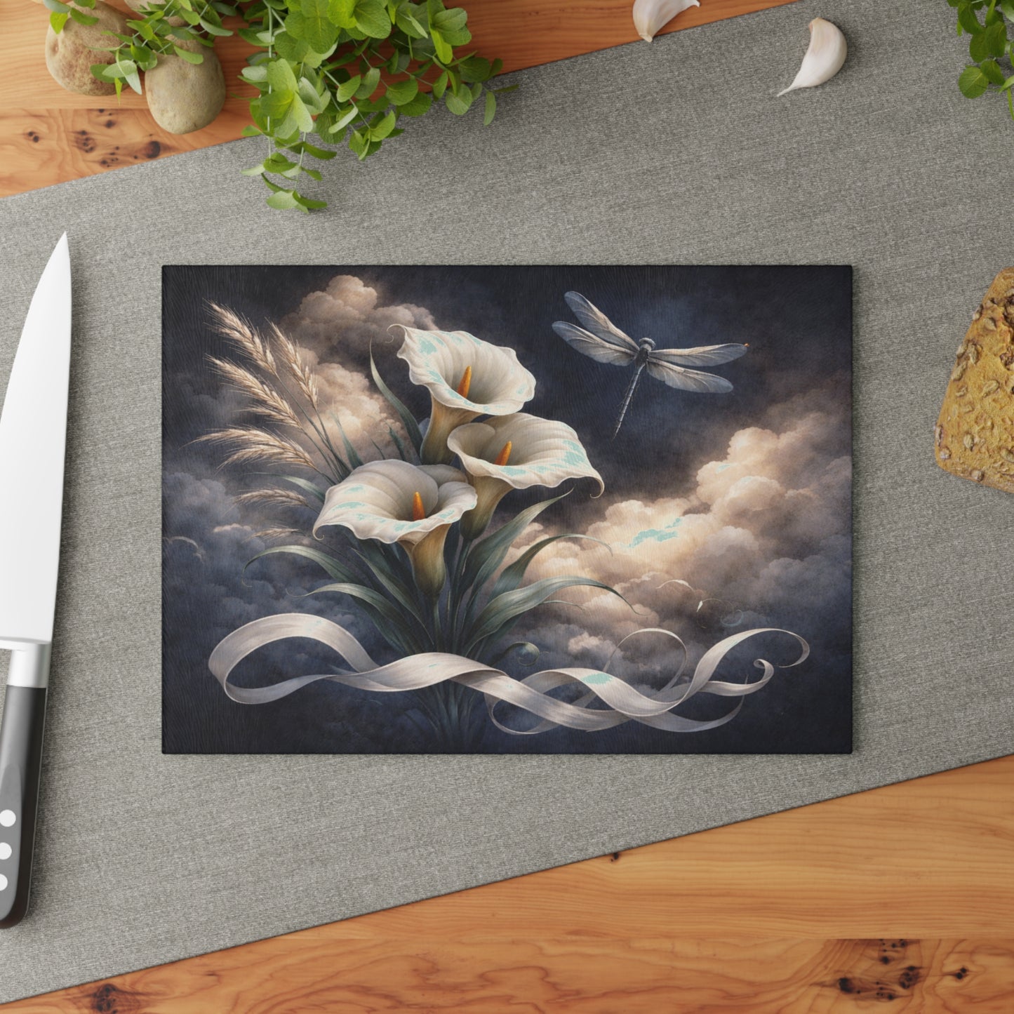 Calla Lily and Dragonfly Glass Cutting Board – Elegant Floral Botanical Artwork