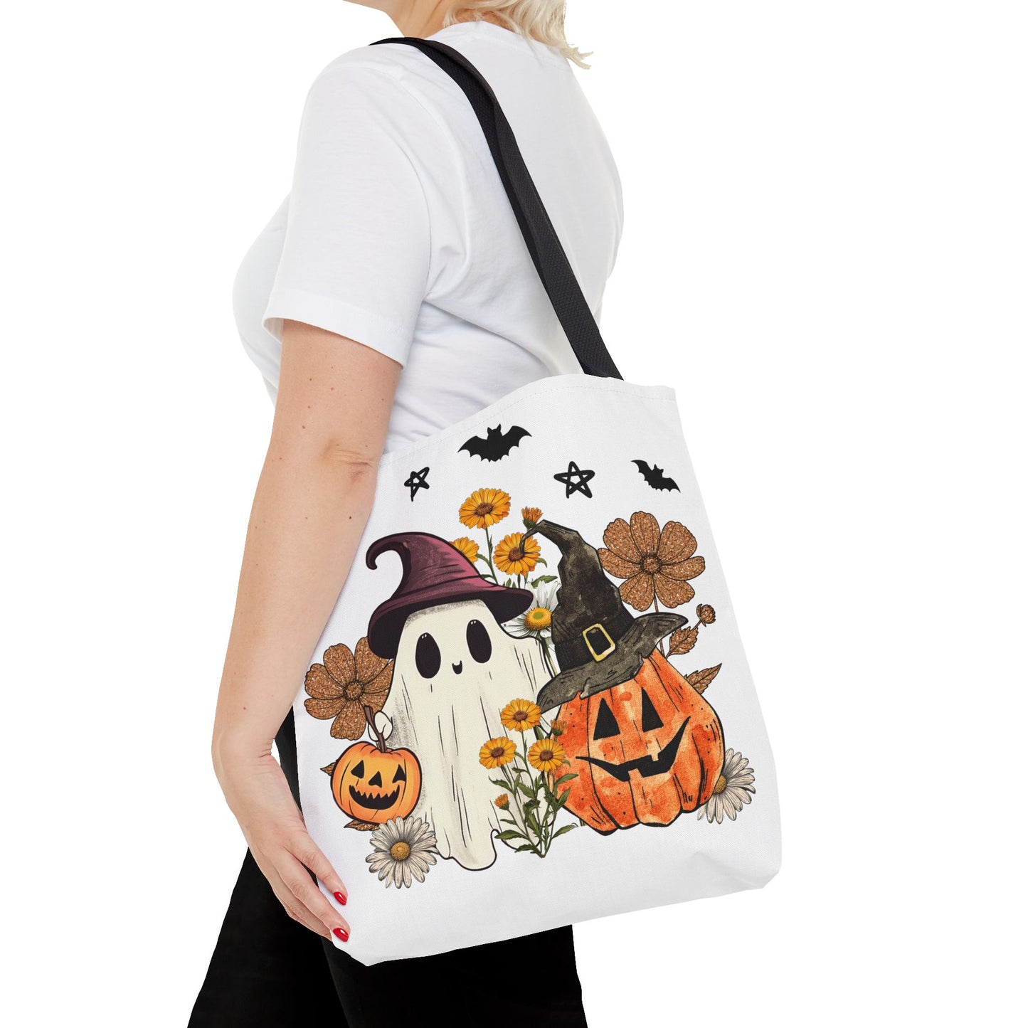 🎃 Ghost & Pumpkin Floral Tote Bag – Whimsical Halloween Charm 👻👜