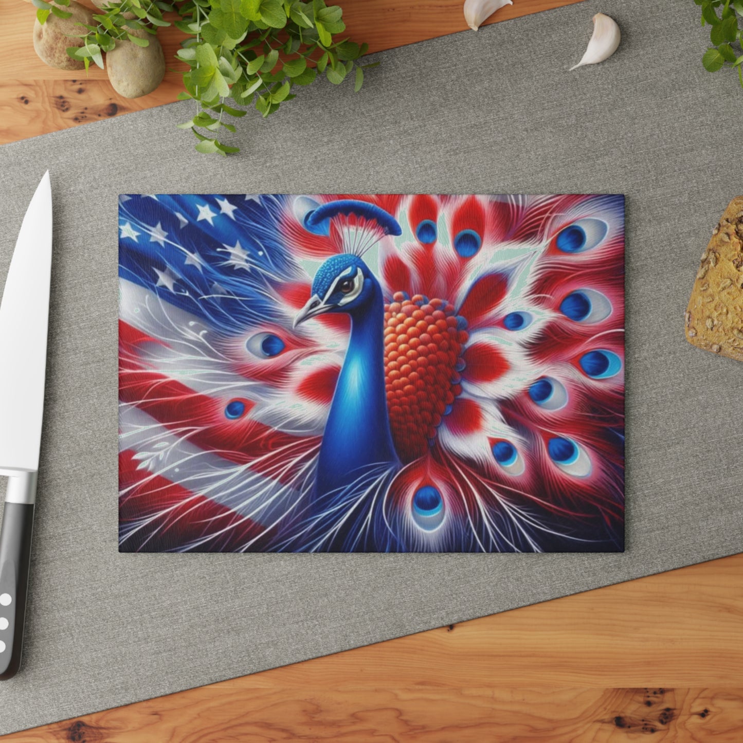 🦚 4th of July Patriotic Peacock Glass Cutting Board – Red, White & Beautiful!