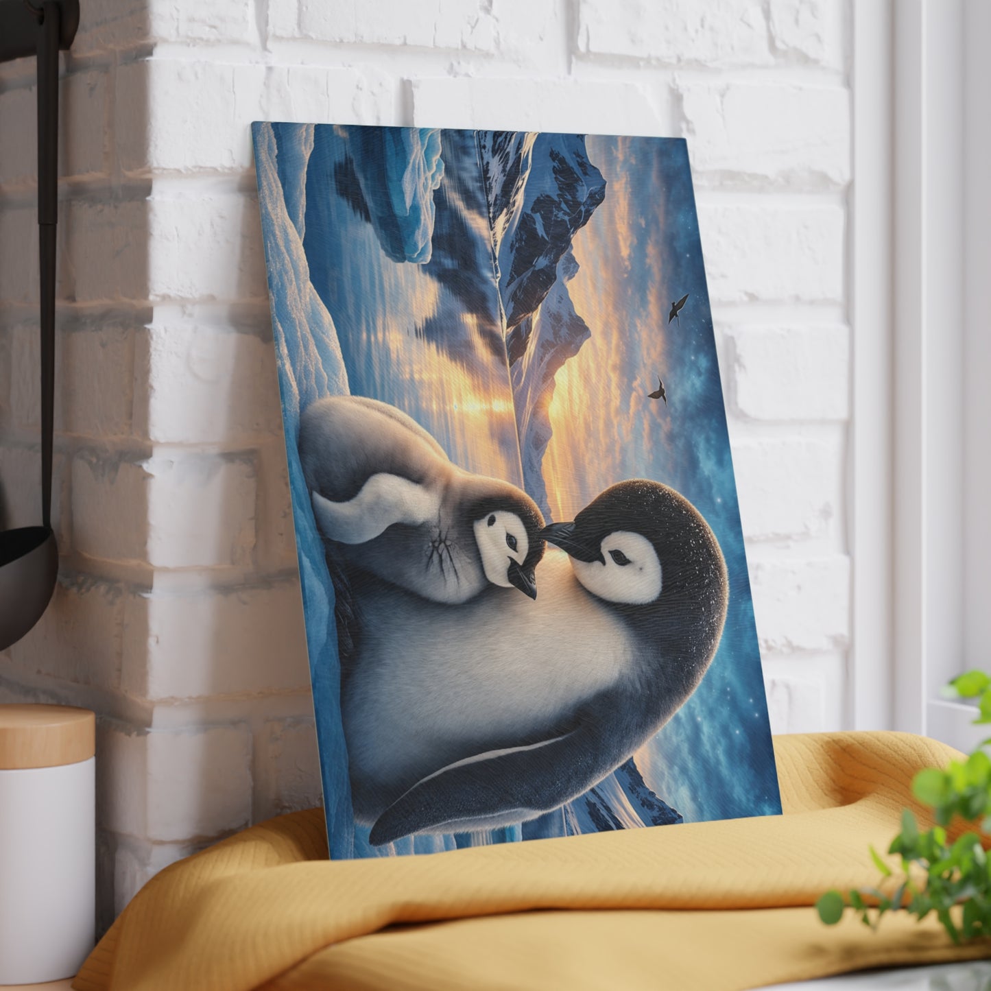 Arctic Penguin Love Glass Cutting Board – Peaceful Polar Wildlife Kitchen Art