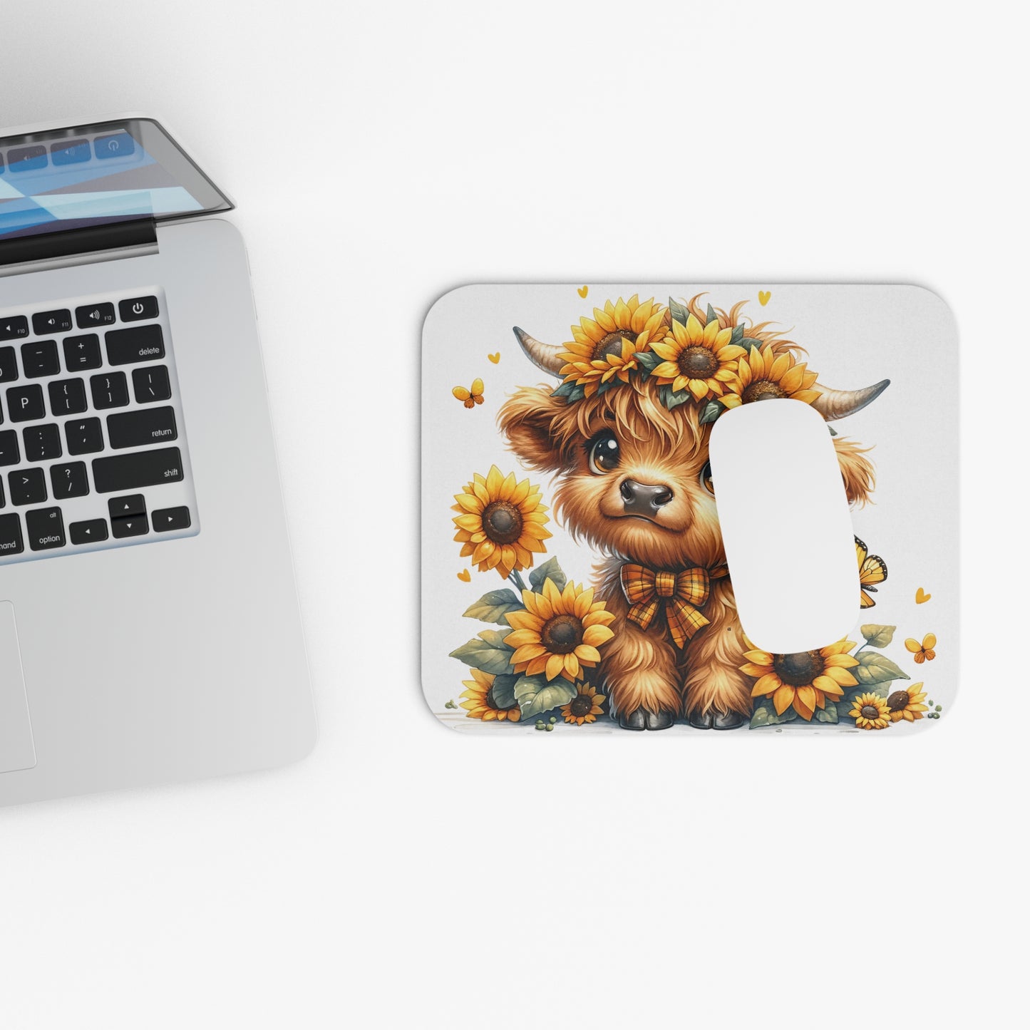 🖱️🌻🐮 Highland Calf Sunflower Crown Mouse Pad – Sunny Country Charm for Your Desk
