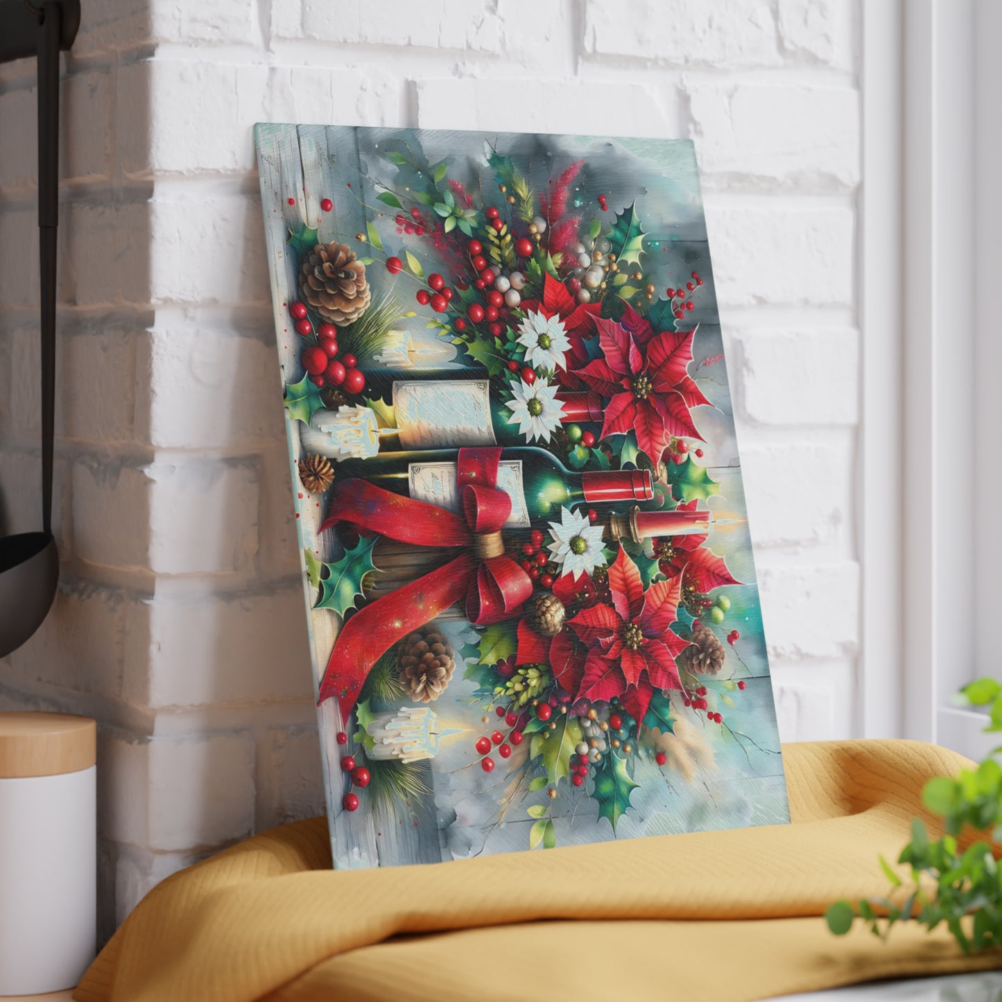 🎁🍷 “Poinsettias & Pinot” Glass Cutting Board – Festive Floral Wine Scene for Your Holiday Kitchen