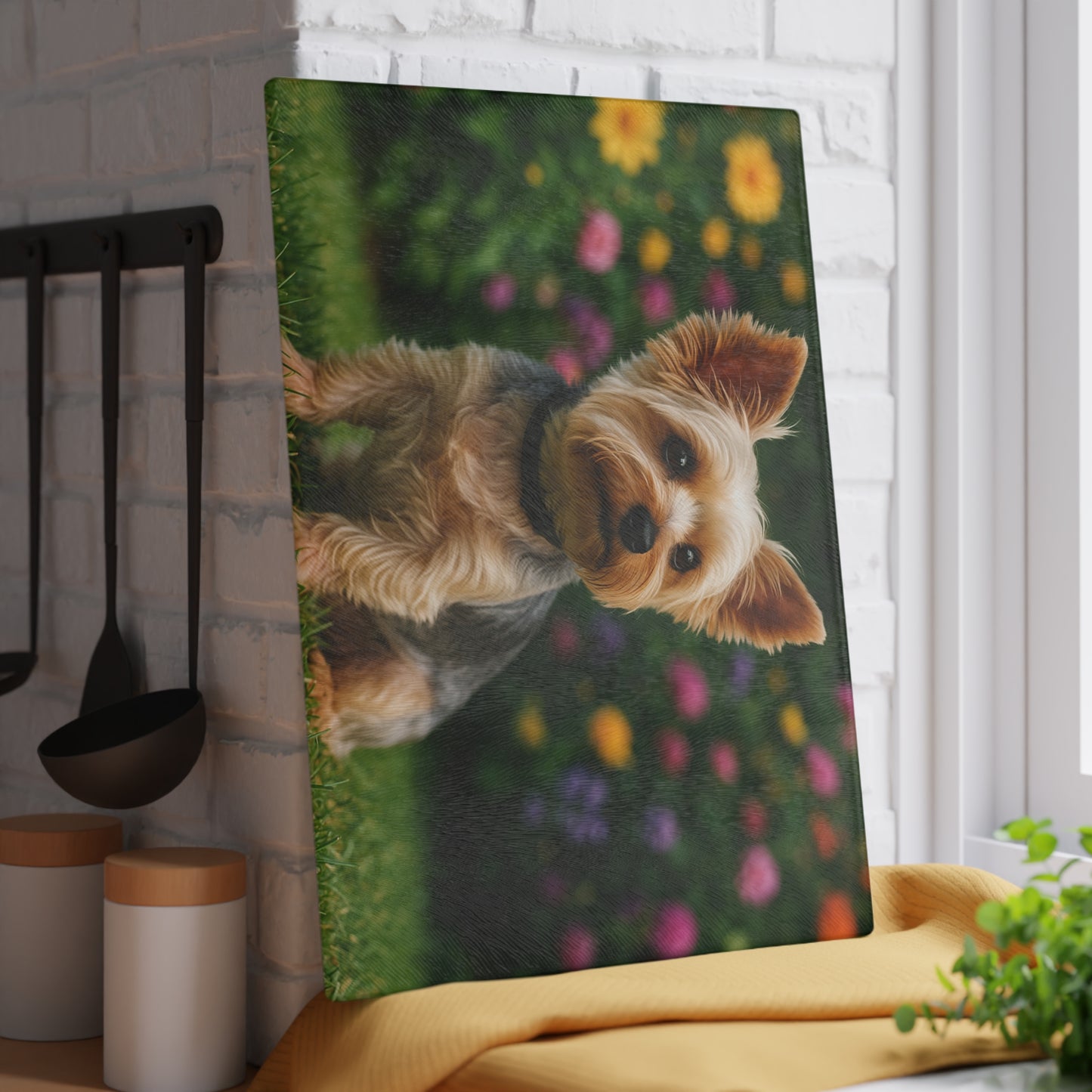 ๐๐ธ Yorkie in the Garden Cutting Board โ Blooming Charm for Your Kitchen ๐ผ