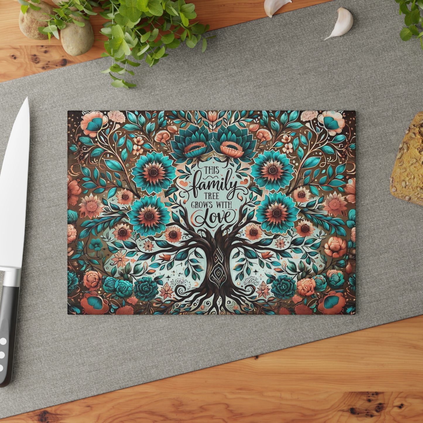 🌳💙 “This Family Tree Grows With Love” Floral Cutting Board – Farmhouse Rustic Kitchen Décor 🌸✨