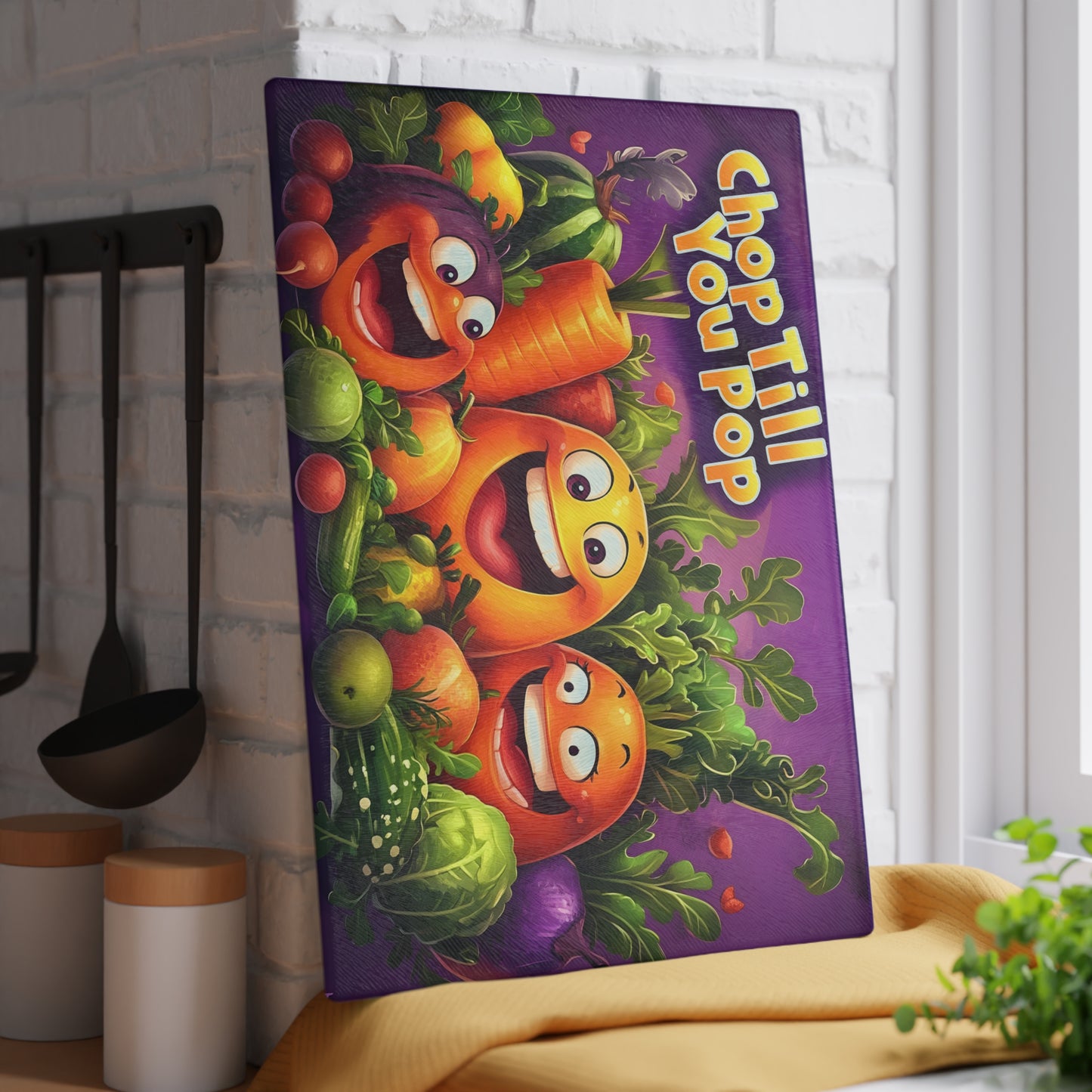Tabla de cortar de vidrio "Chop Till You Pop" – Humor de cocina de verduras que ríen 😂🍅