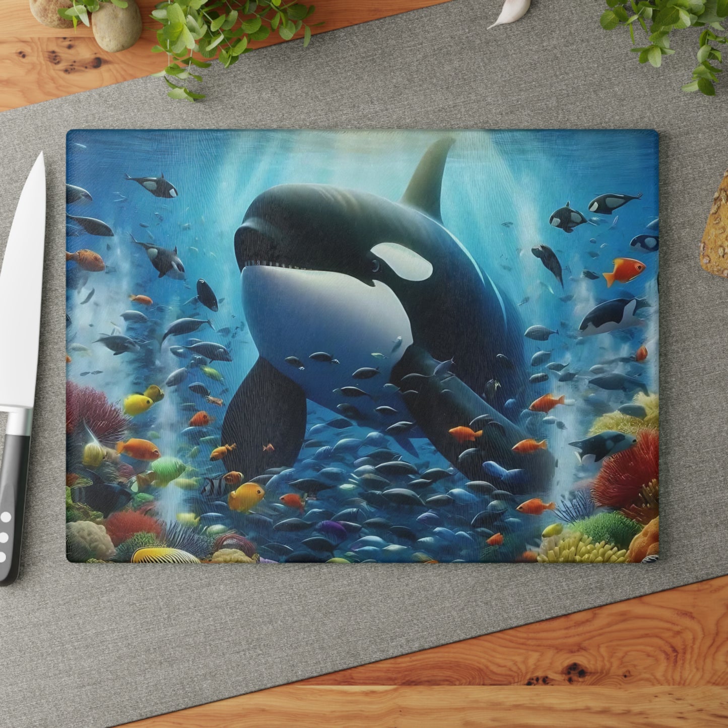 Tabla de cortar con escena oceánica, diseño de ballena, decoración de cocina, regalo para chefs, casa de playa, regalo de inauguración de la casa, cocina costera, tabla de charcutería
