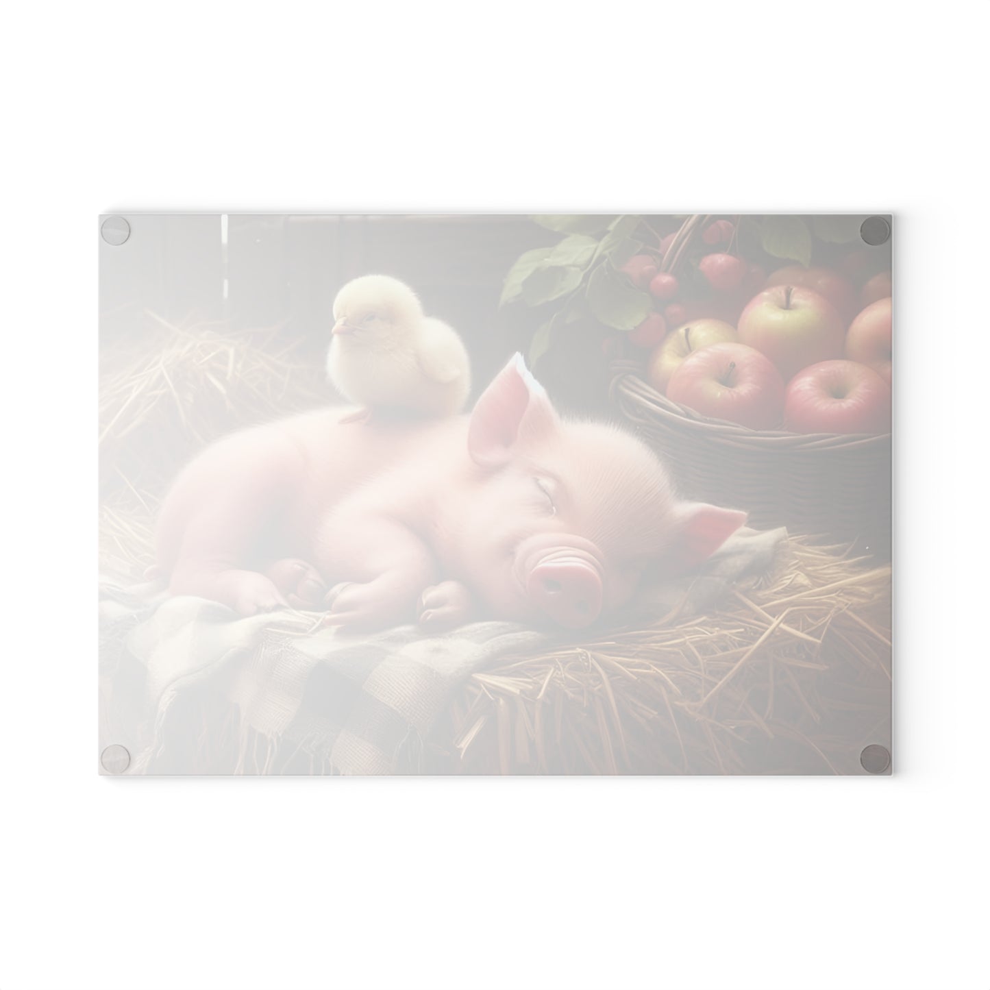 Tabla de cortar con diseño de cerdito y pollito en heno con manzanas, regalo único, tabla de cortar de vidrio, tabla de charcutería, tabla de cortar personalizada