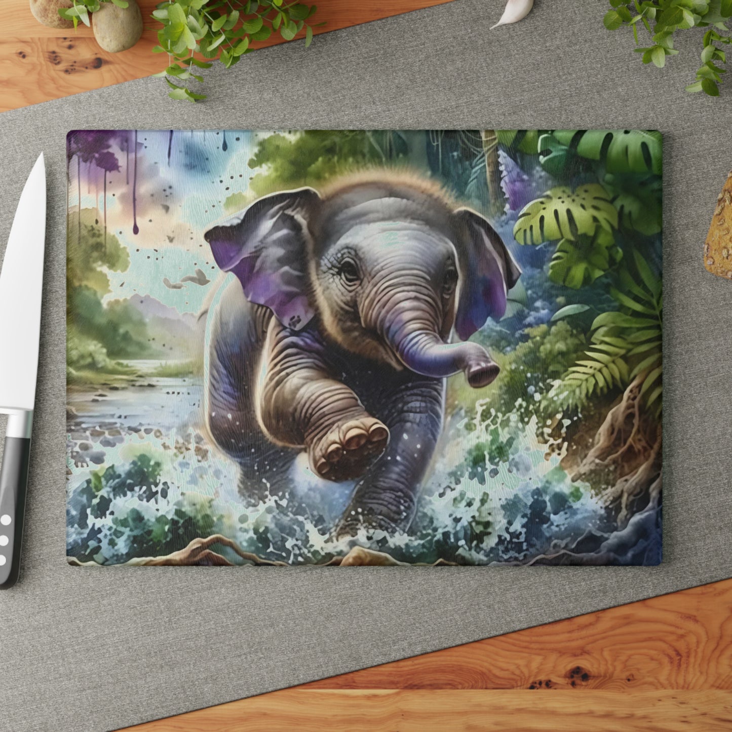 🐘 Jungle Baby Elephant Splash Cutting Board – Playful Safari Energy for Your Kitchen