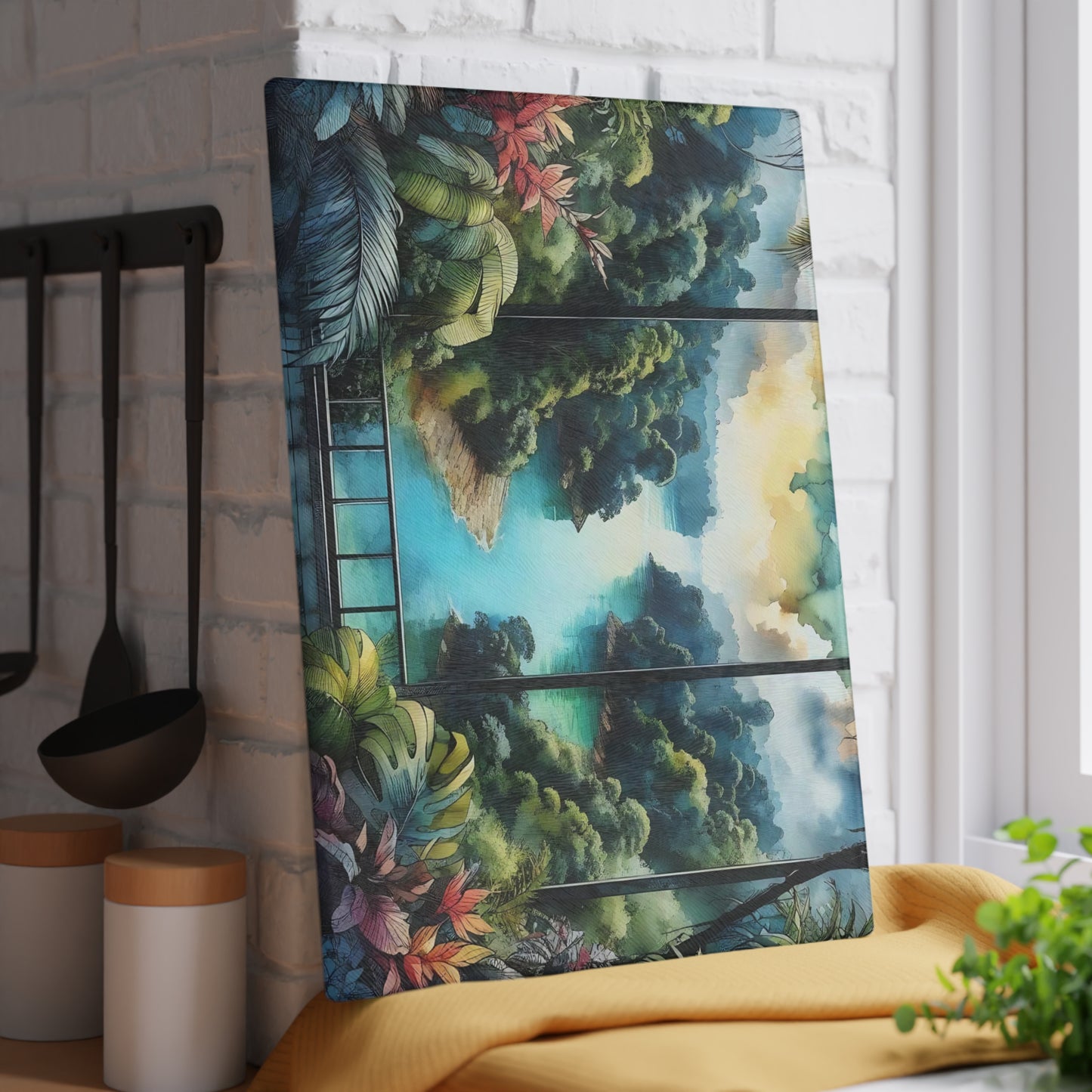 Tabla de cortar de vidrio templado con vista tropical: Escápate al paraíso