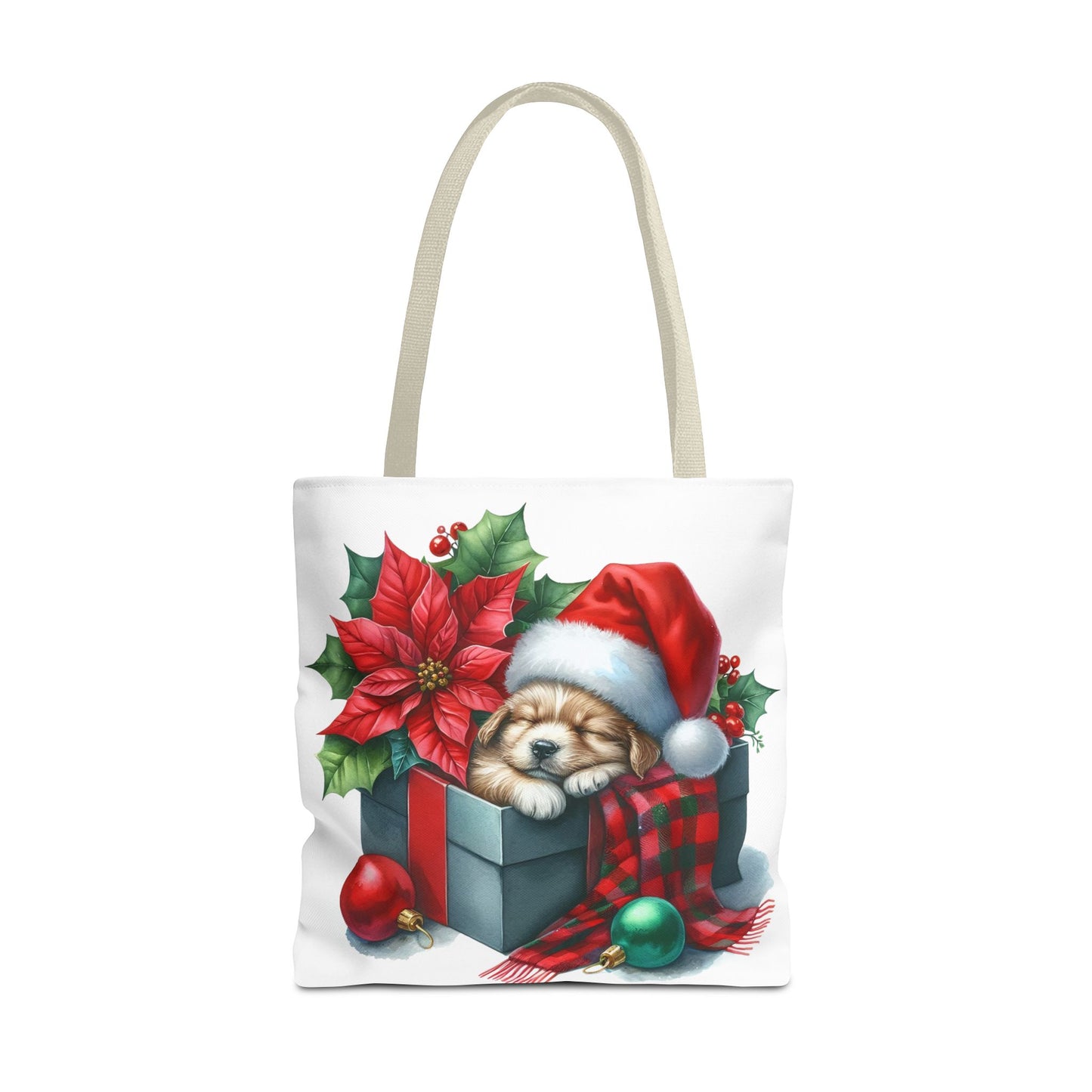 🎁 Sleeping Puppy in Gift Box Christmas Tote – Cozy Holiday Charm for Dog Lovers 🐾