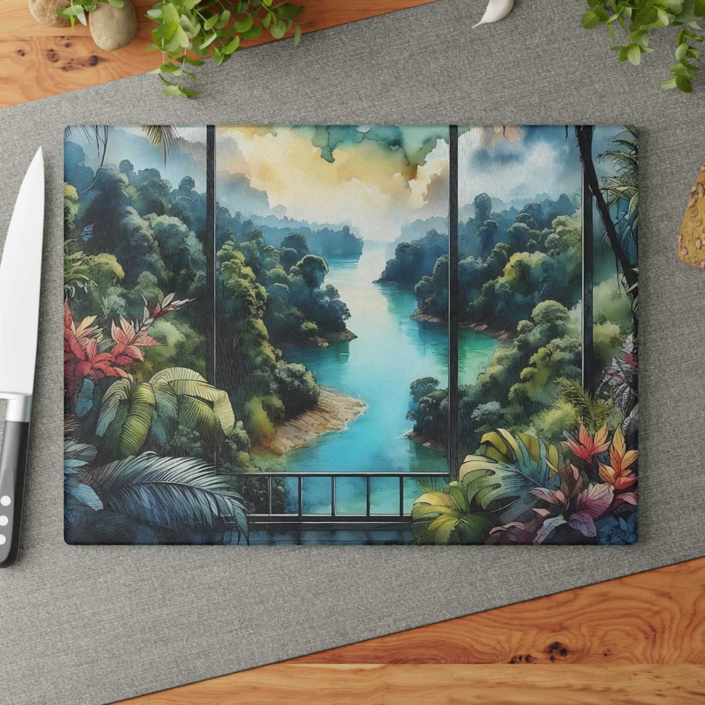 Tabla de cortar de vidrio templado con vista tropical: Escápate al paraíso