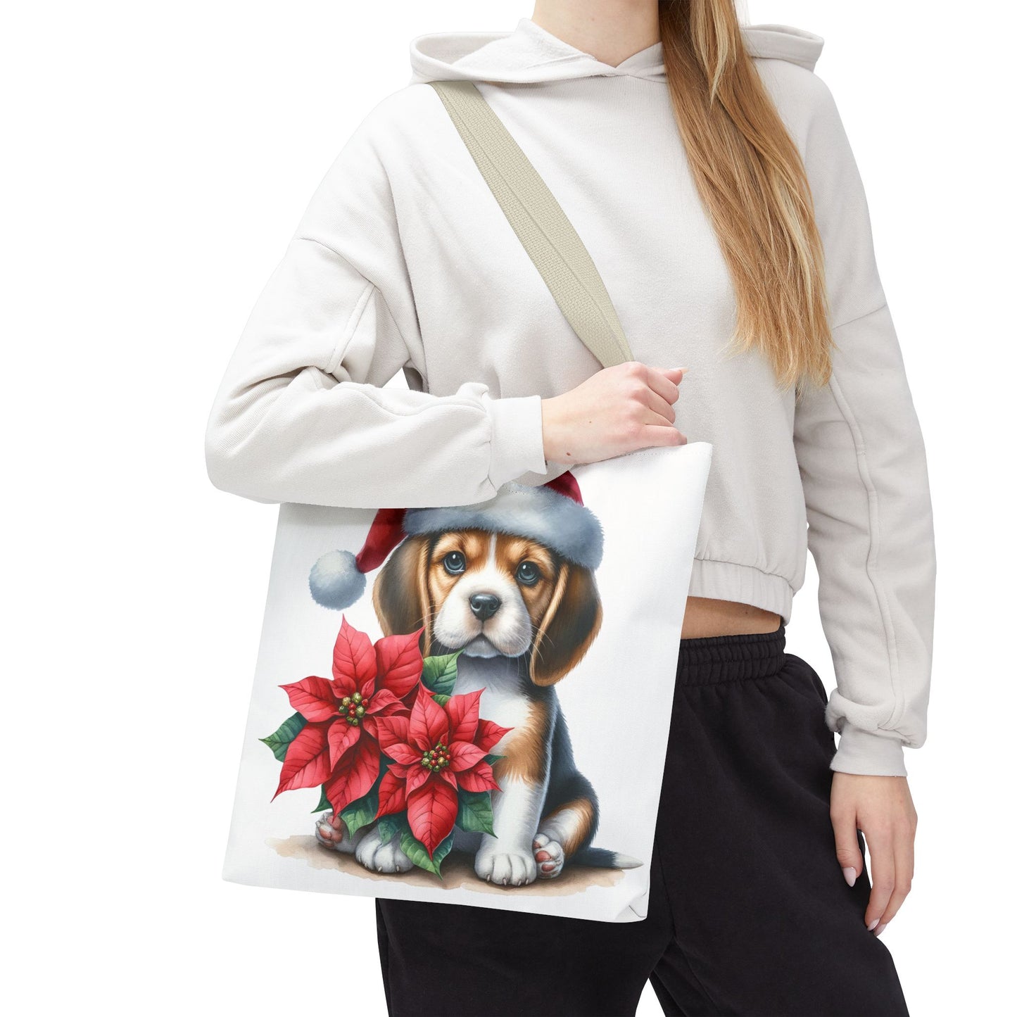 🐶 Beagle Puppy & Poinsettia Christmas Tote Bag – Sweet Holiday Charm in Every Step 🎄