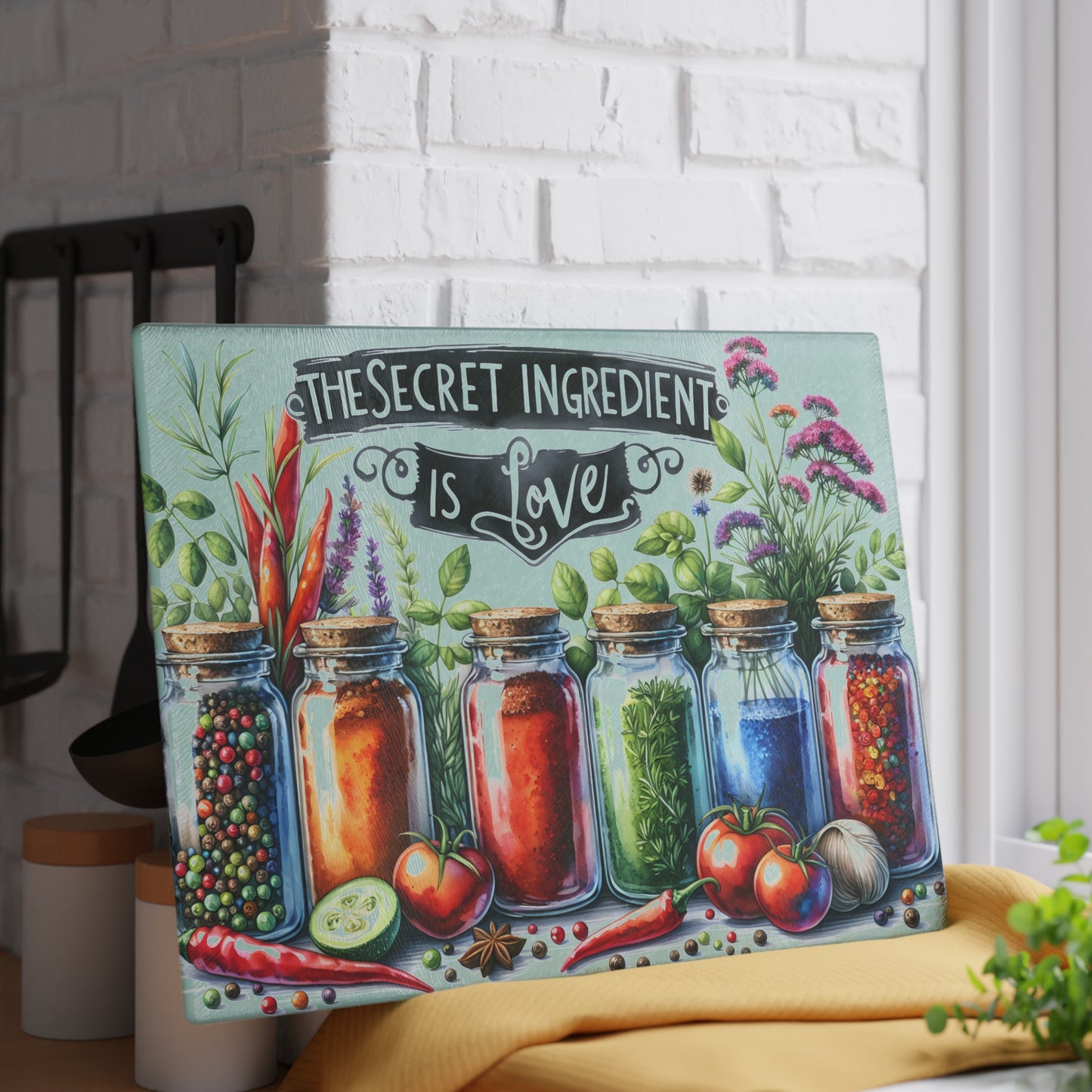 🌿 The Secret Ingredient Is Love Cutting Board – Colorful Herbs & Spices with Farmhouse Charm 🍅💚