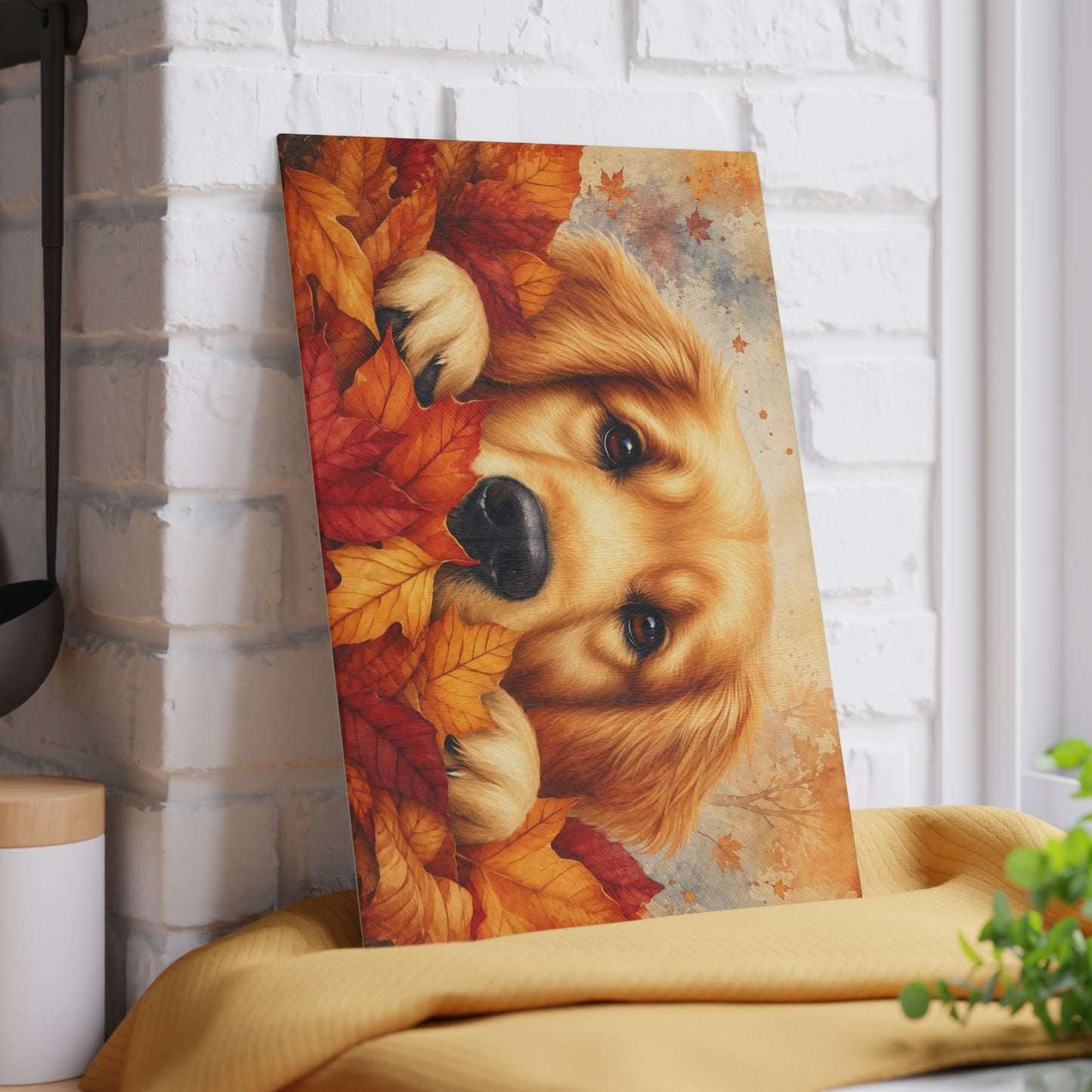Golden Retriever Autumn Leaves Glass Cutting Board – Cozy Fall Dog Kitchen Décor