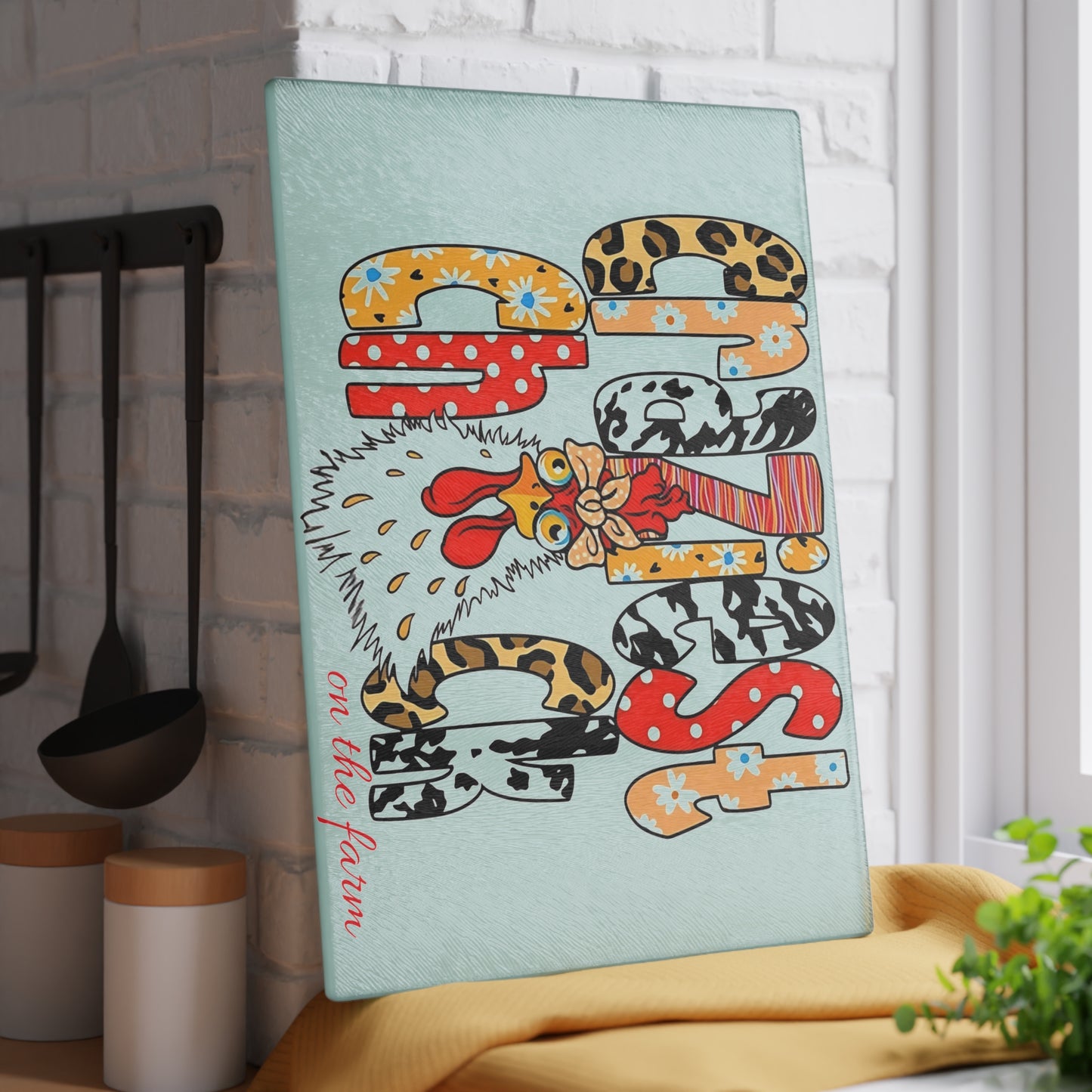 Tabla de cortar de vidrio con la gallina más loca de la granja: divertida decoración de cocina con gallinas de granja