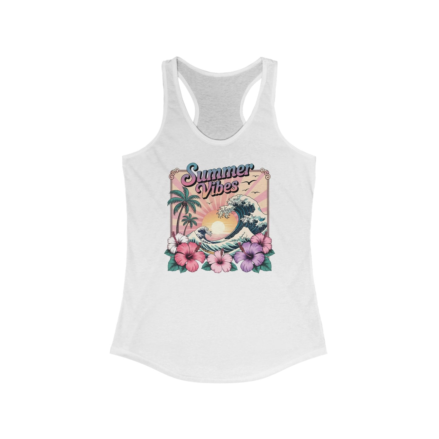 ☀️ Camiseta de tirantes con espalda nadadora Summer Vibes: playera ligera para mujer con diseño de ondas tropicales e hibisco