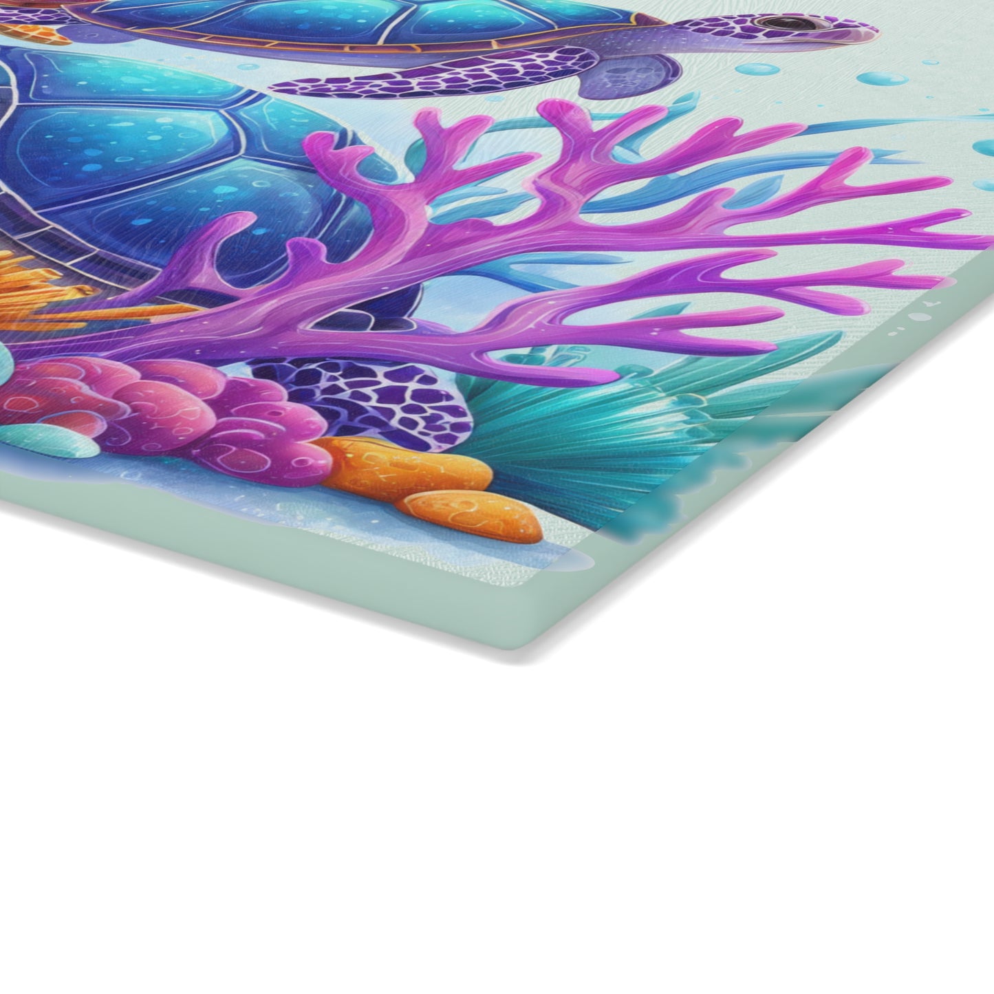 Tabla de cortar con tres tortugas marinas de colores: la alegría del océano se fusiona con la magia submarina