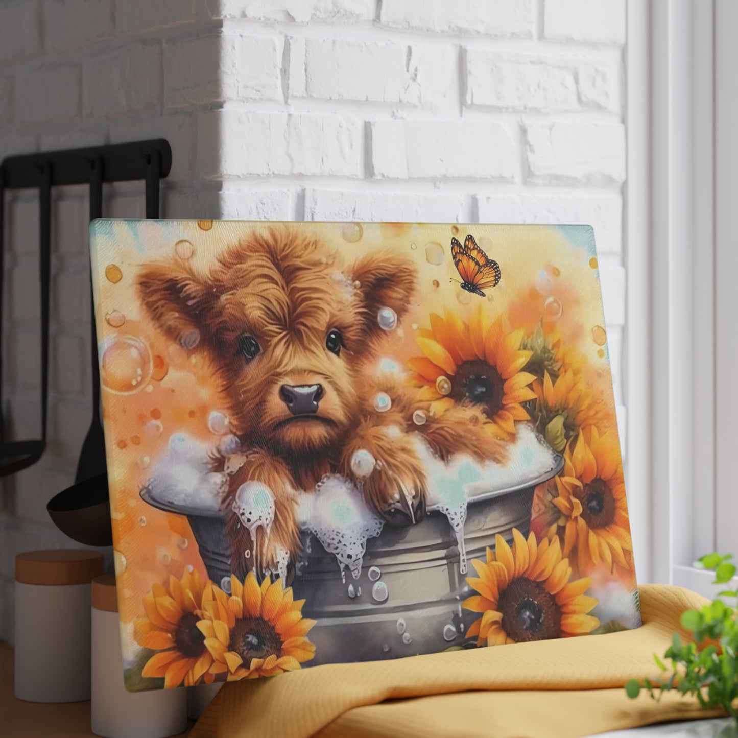 🐮🌻 Highland Calf Bubble Bath Cutting Board – Farmhouse Fun with a Sunny Twist