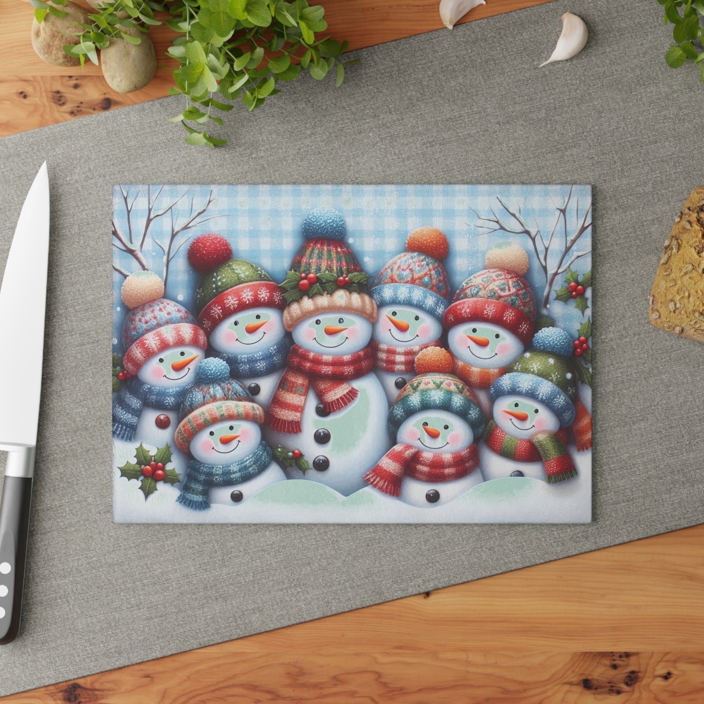 Snowman Family Christmas Cutting Board – Cozy Winter Smiles for Your Holiday Kitchen