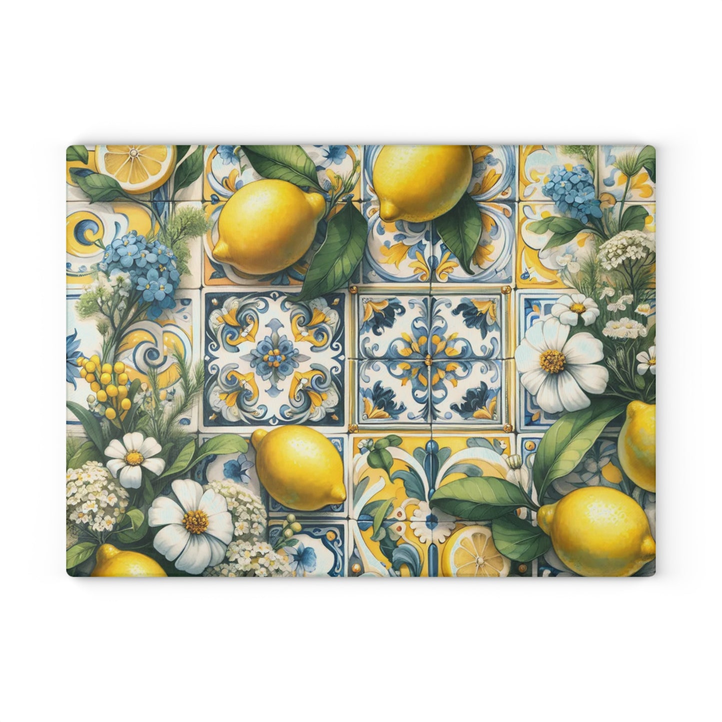 🍋🌼 Lemon Tile Floral Cutting Board – Mediterranean Charm for Your Kitchen 🌸🍋