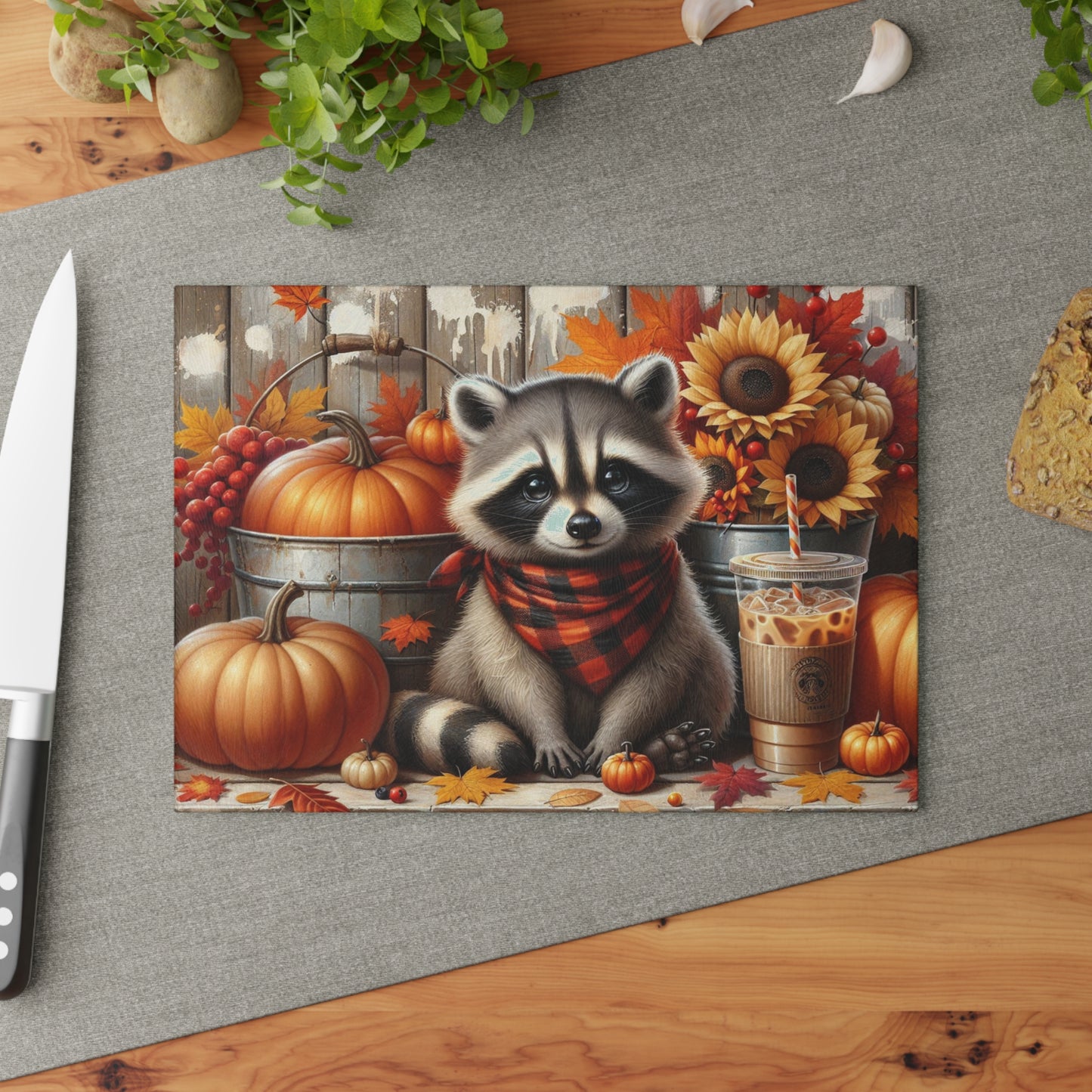🦝 Autumn Raccoon Cutting Board – Cozy Fall Charm for Your Rustic Kitchen