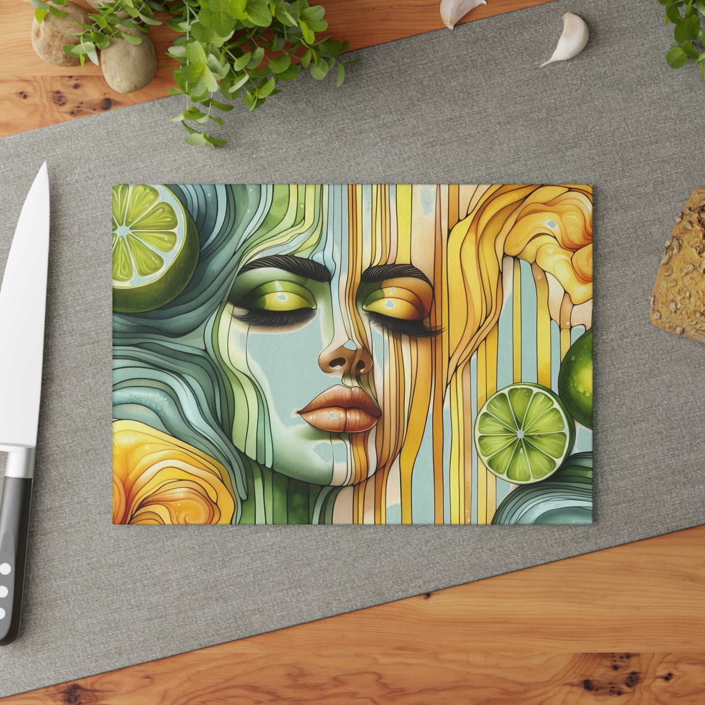 Tabla de cortar de vidrio con diseño de diosa de limón y lima: audaz, hermosa y refrescantemente única