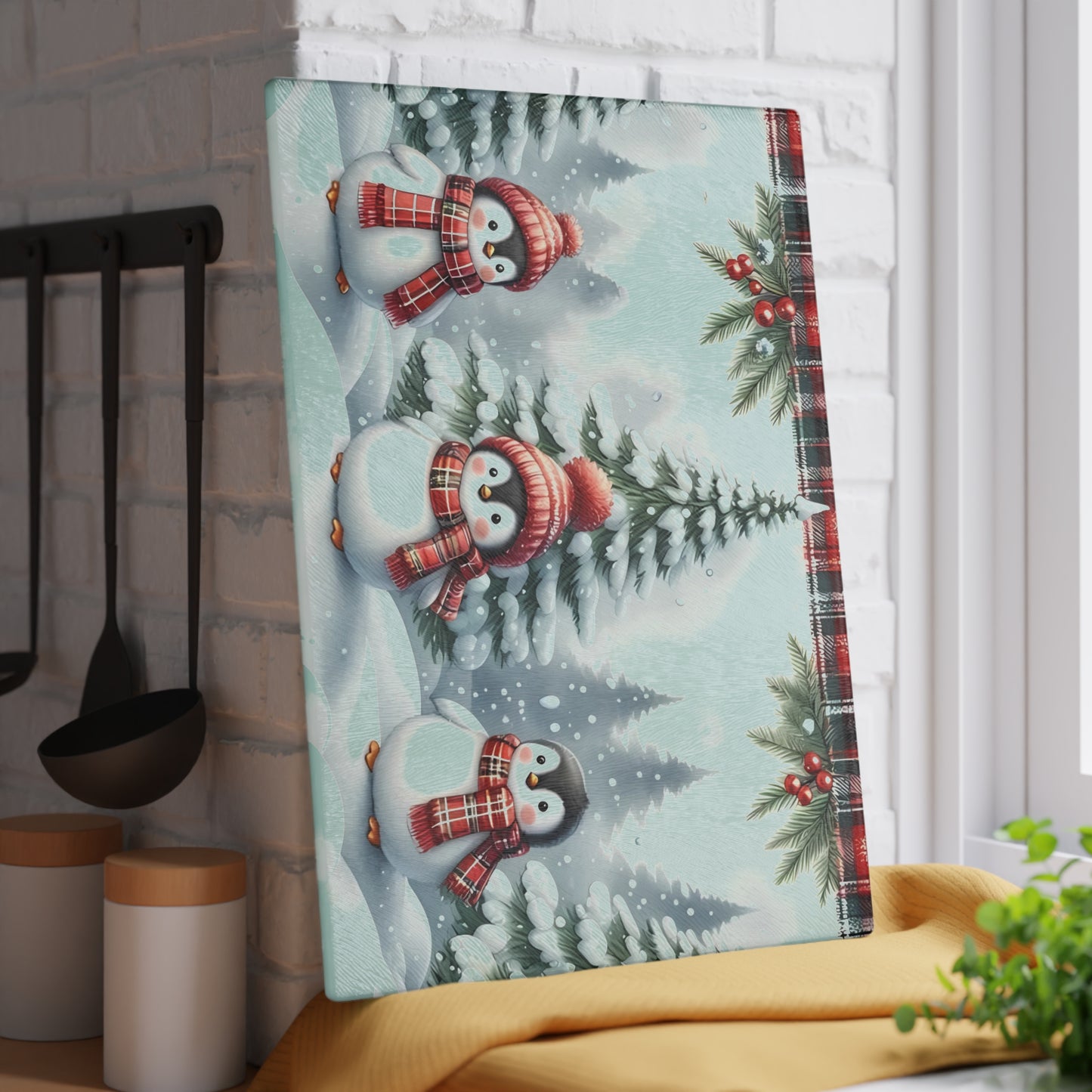 🐧🎄 Winter Penguin Wonderland Cutting Board – Festive Holiday Kitchen Décor with Plaid Accents ❄️✨