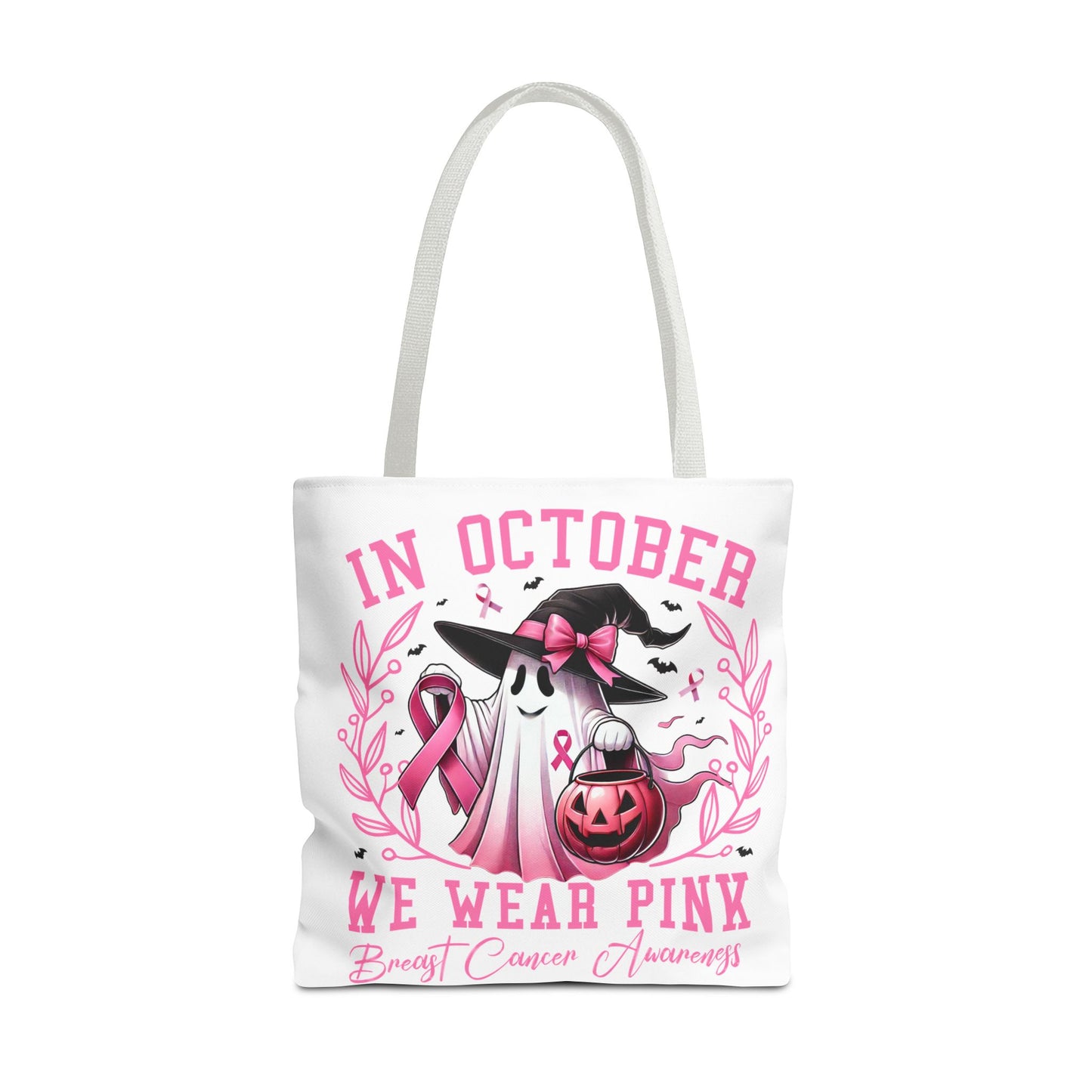 🎀 In October We Wear Pink Tote Bag – Breast Cancer Awareness with Spooky Charm 🎃