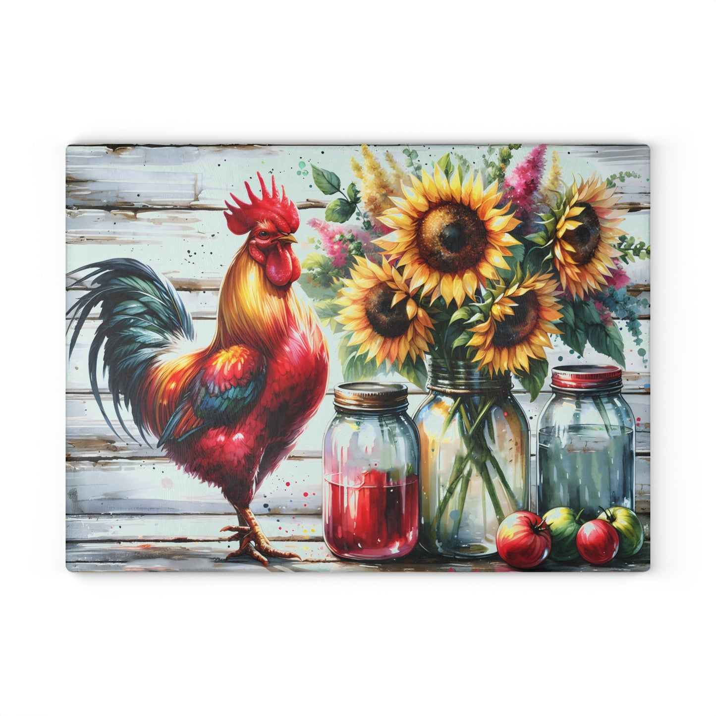 🐓 Bold Rooster & Mason Jar Cutting Board – Rustic Sunflower Farmhouse Decor