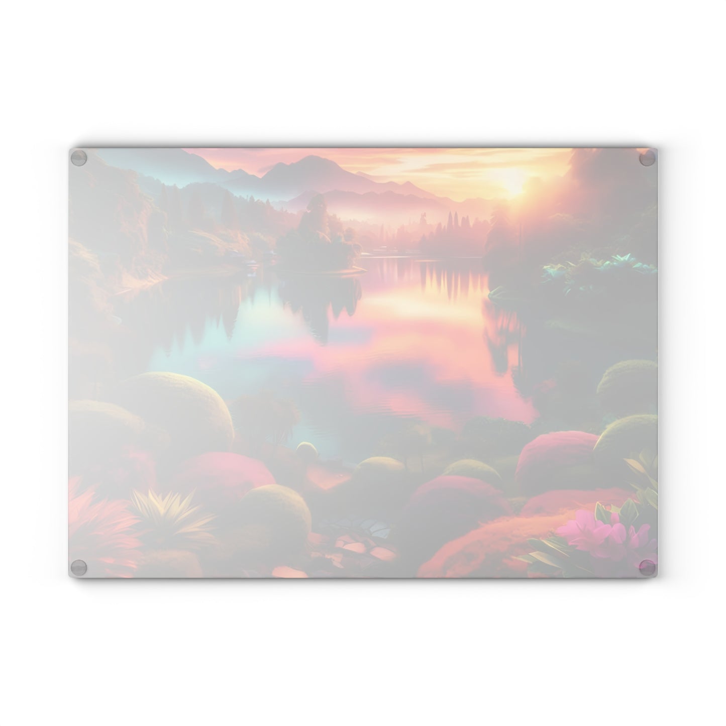 Tabla de cortar de vidrio Sunset Garden Serenity: vista al lago de ensueño para cocinas artísticas