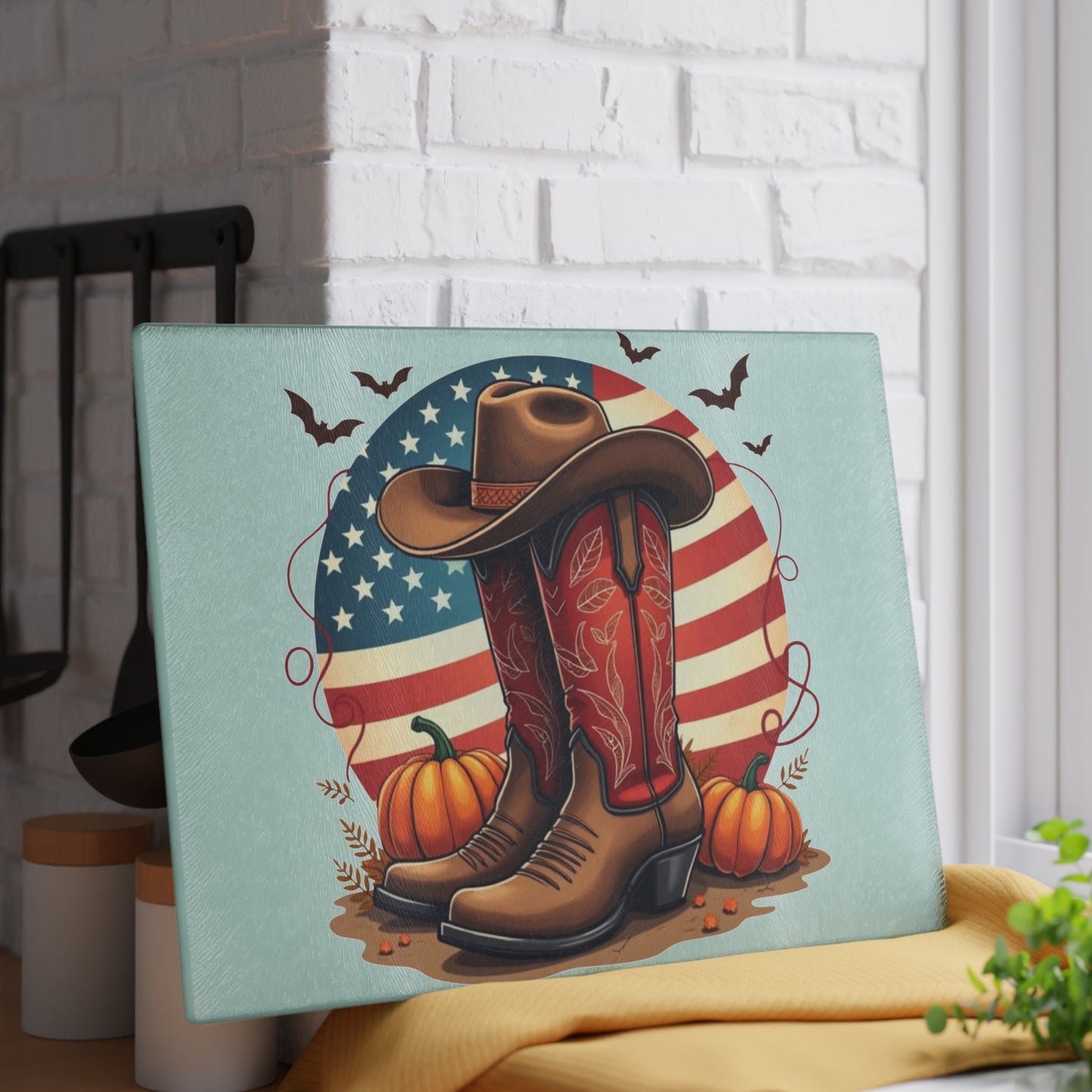 🤠🎃 Western Boots & Pumpkins Cutting Board – Rustic Autumn Charm for Your Kitchen 🇺🇸