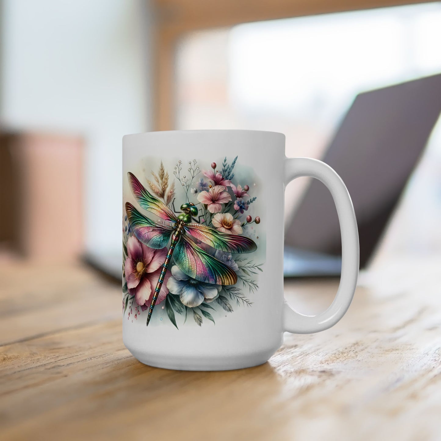 🌈 Magia del Jardín Arcoíris – Envoltorio para Taza de Café con Libélula Vibrante ☕