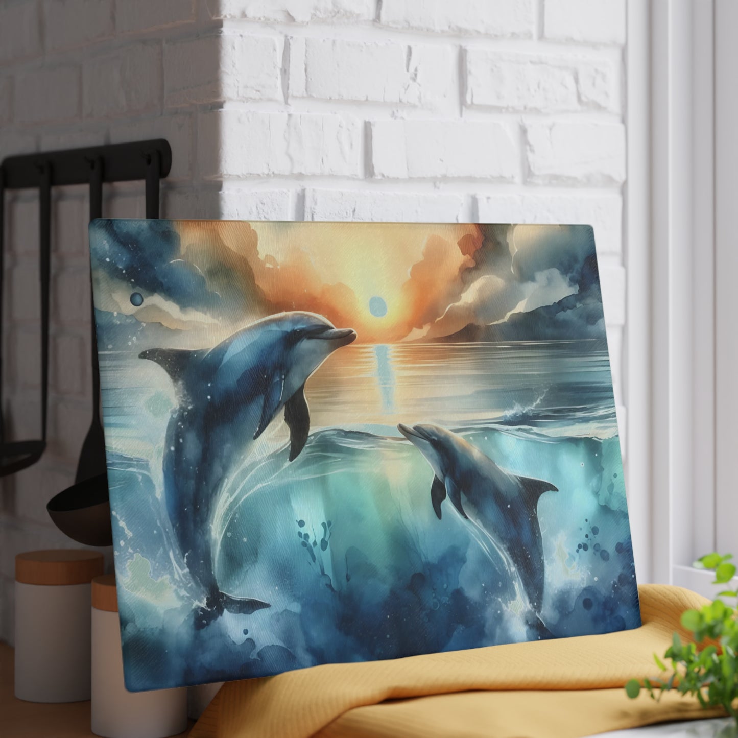 🌊🐬 Ocean Sunset Dolphins Cutting Board – Coastal Elegance for Your Kitchen 🐬🌊