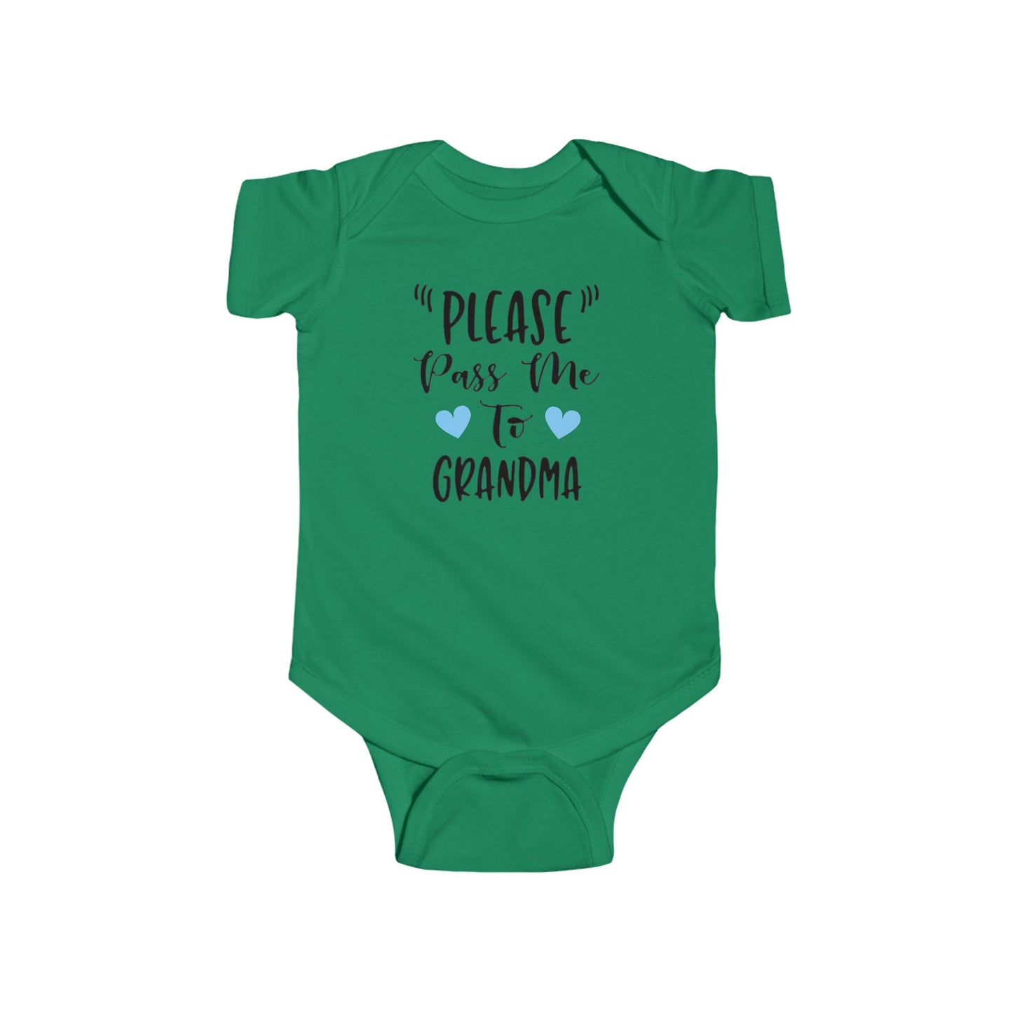 "PLEASE Pass Me to GRANDMA" Baby Onesie – Unisex Bodysuit for Infant Boys or Girls – Available with Blue or Pink Hearts
