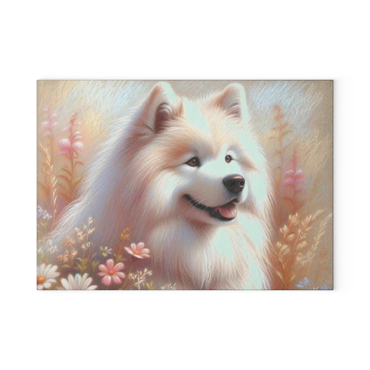 🐶 Samoyed Meadow Bloom Cutting Board – Fluffy White Charm for Your Kitchen 🌸