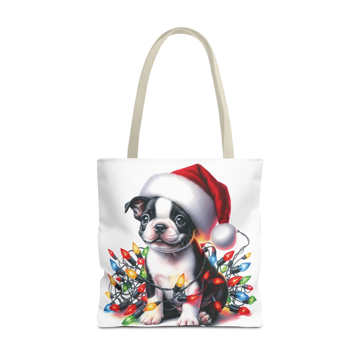 👜 Boston Terrier Christmas Lights Tote Bag – Holiday Sparkle Meets Puppy Love 🎄