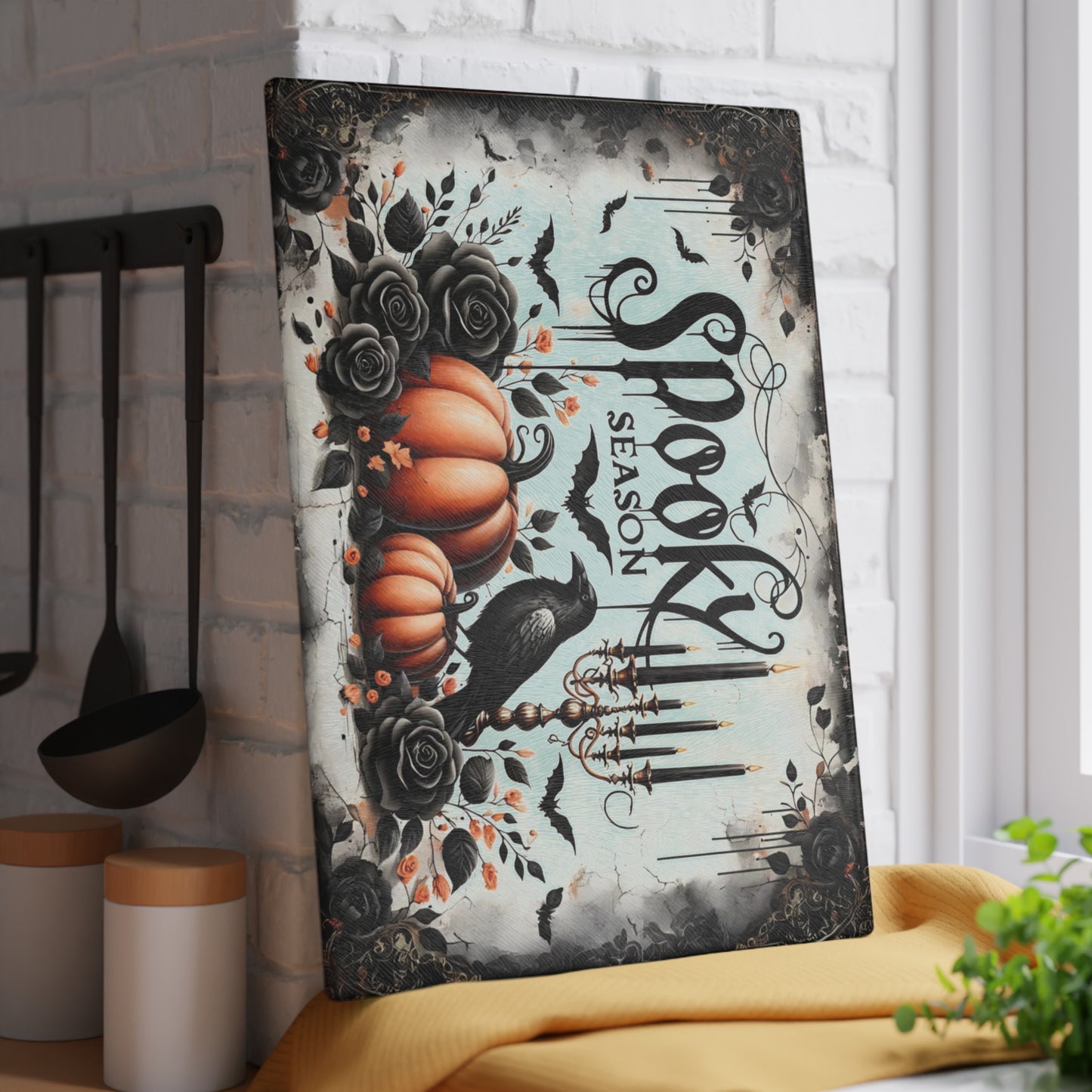 🎃 Spooky Season Halloween Pumpkins & Raven Cutting Board – Gothic Autumn Kitchen Décor