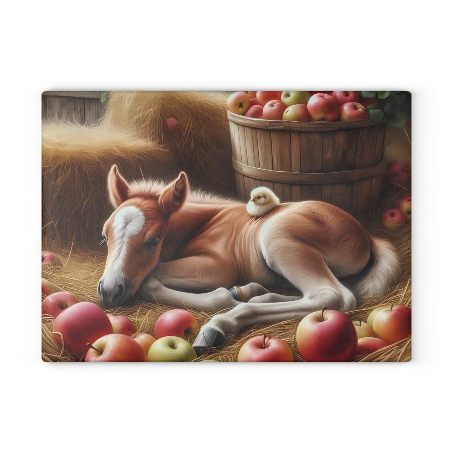 Tabla de cortar - Diseño de potro y pollito con manzanas, regalo único, tabla de cortar de vidrio, tabla de charcutería, tabla de cortar personalizada