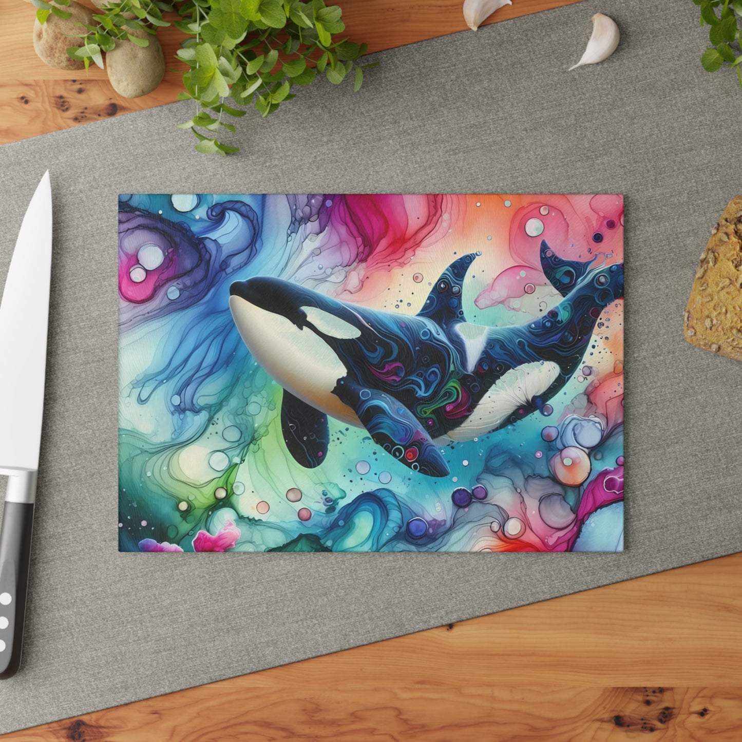 Tabla de cortar de vidrio con orca en acuarela: arte oceánico audaz para cocinas artísticas