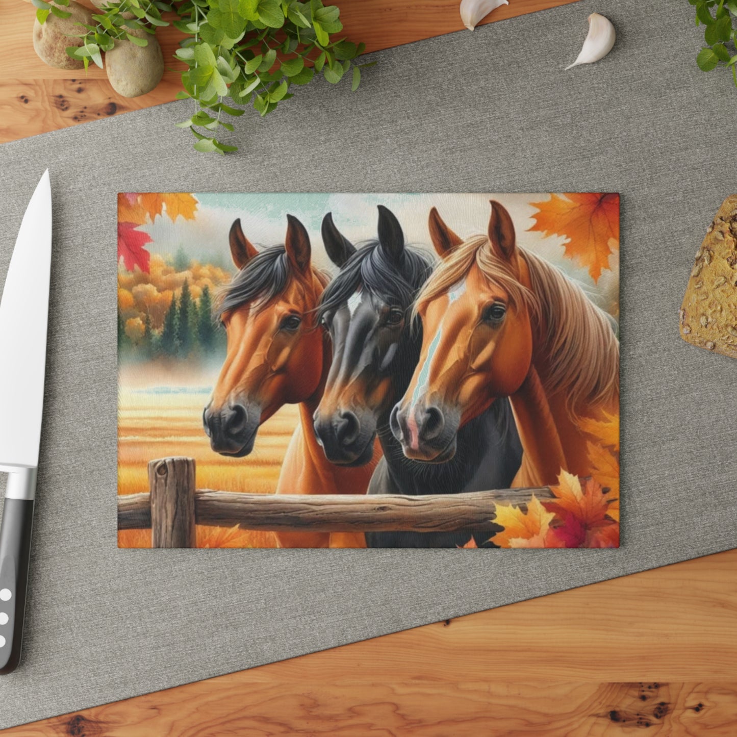 🐴 Autumn Horse Trio Cutting Board – Rustic Farmhouse Beauty 🐴