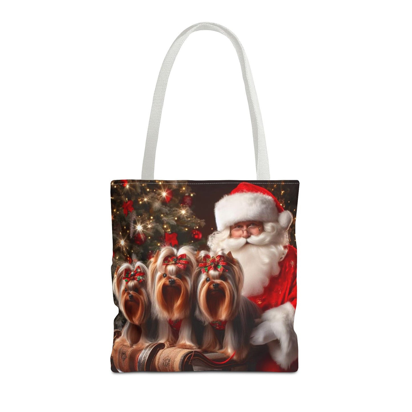 🎅 Santa & Yorkies Christmas Tote Bag – Holiday Cheer with a Furry Twist 🎄