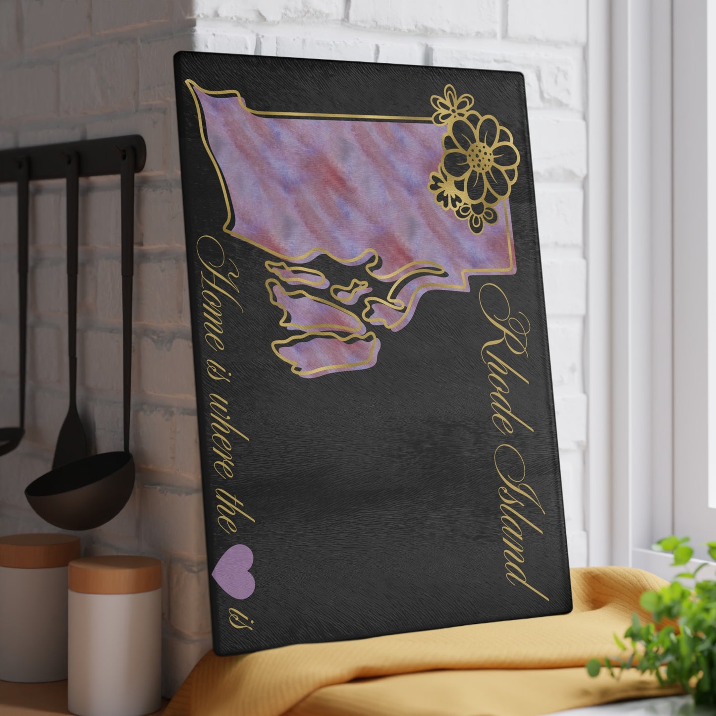 🖤 Rhode Island State Cutting Board – Elegant Watercolor Pride with Gold Florals 💜
