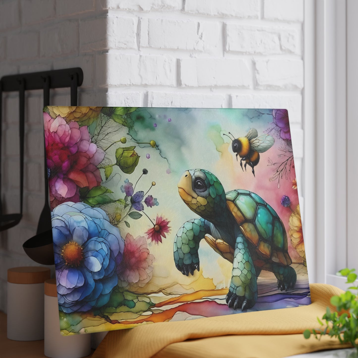 Tortoise & Bee Glass Cutting Board – Floral Wildlife Kitchen Decor