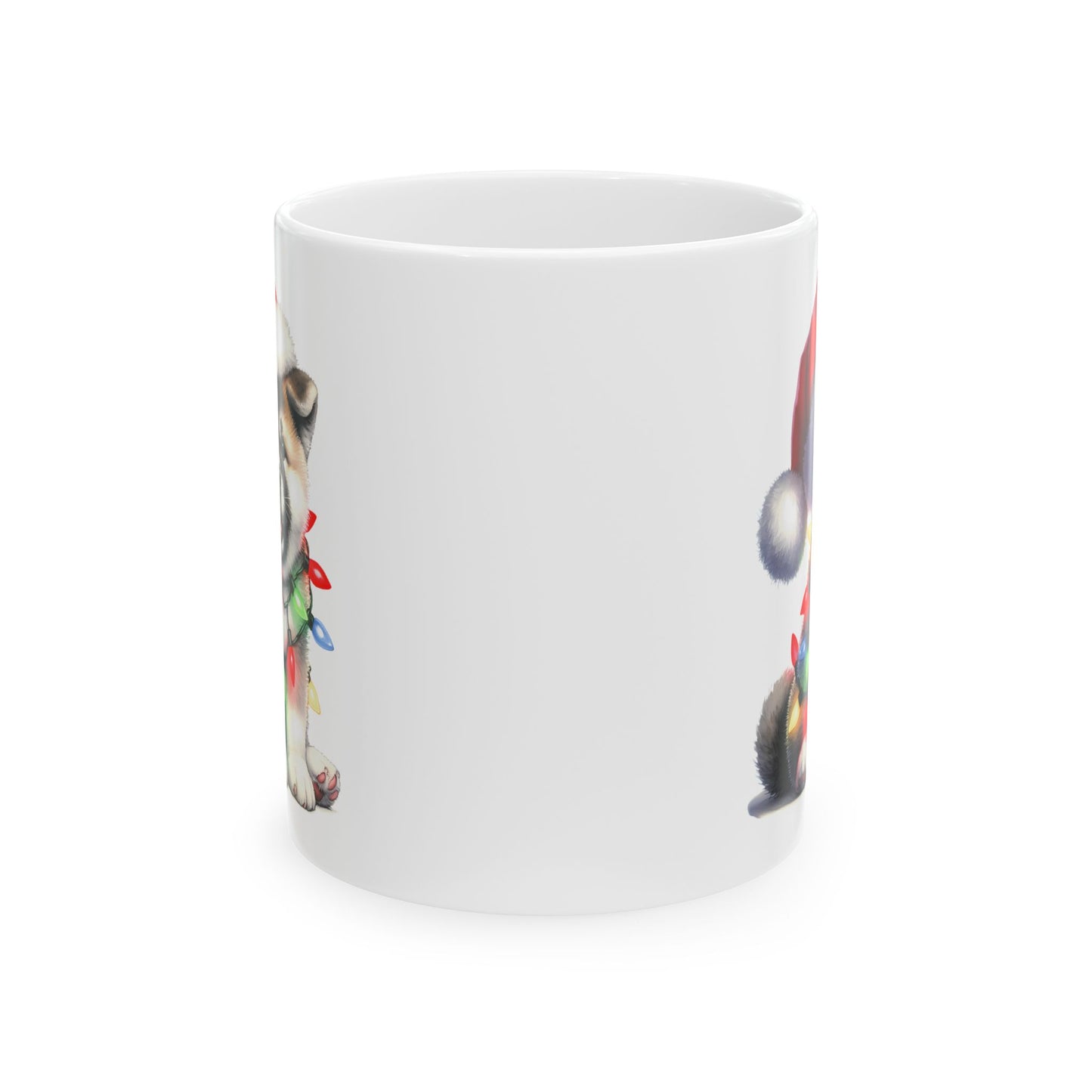 🎅 Akita Christmas Mug – Festive Puppy with Santa Hat & Holiday Lights 🎄