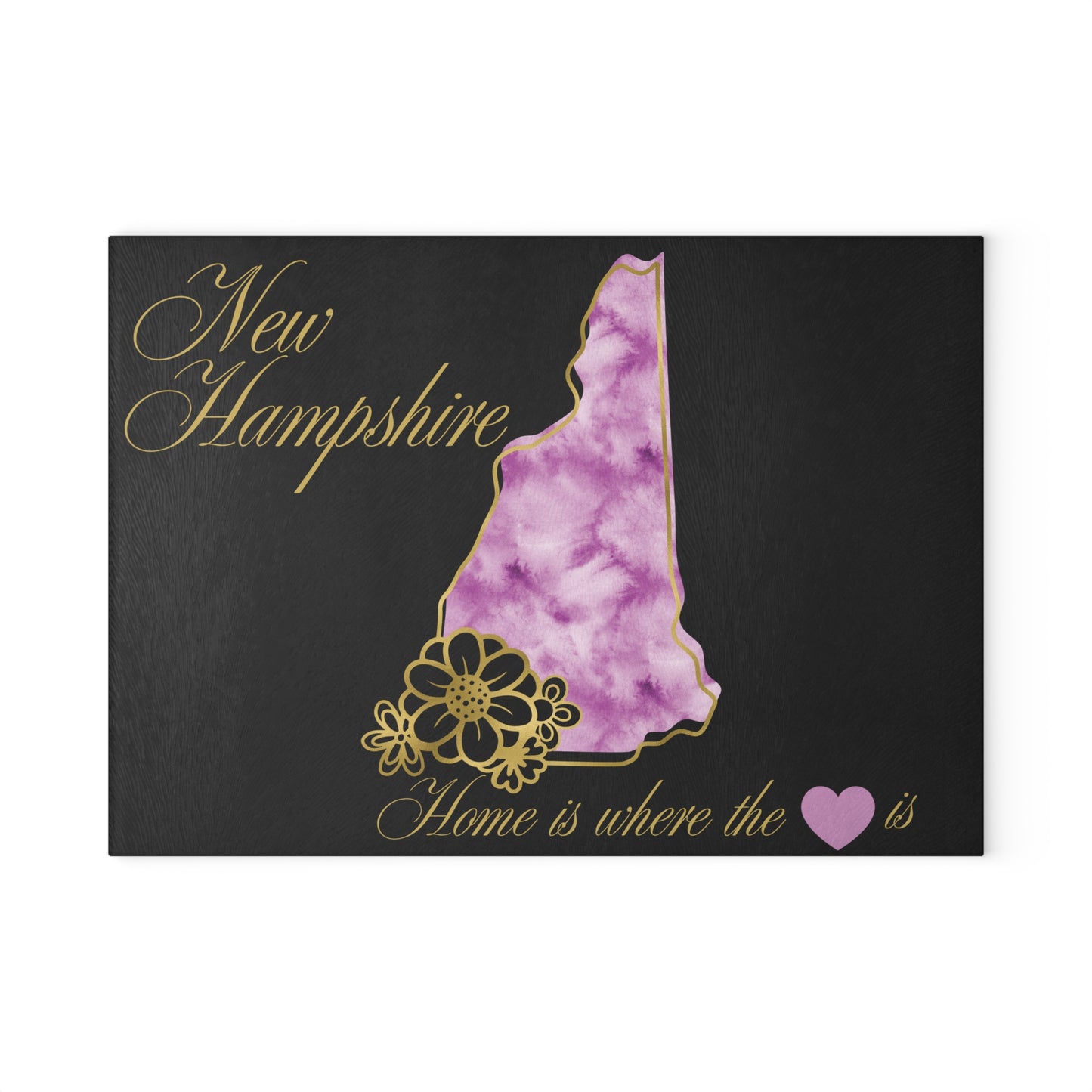 💜 New Hampshire State Floral Cutting Board – Purple Watercolor & Elegant Golden Script