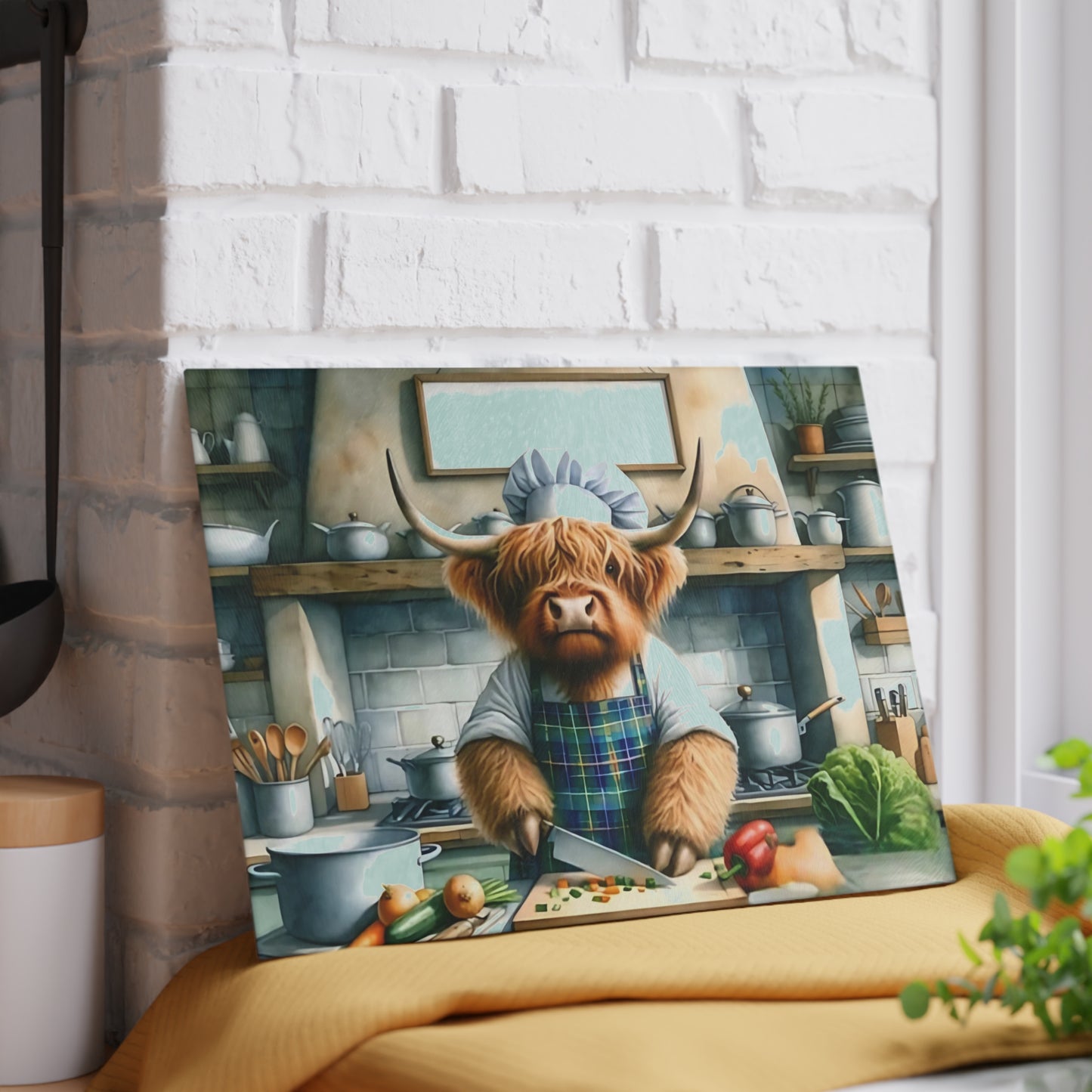 Tabla de cortar de vidrio Highland Cow Chef: decoración divertida para cocinas de estilo rústico