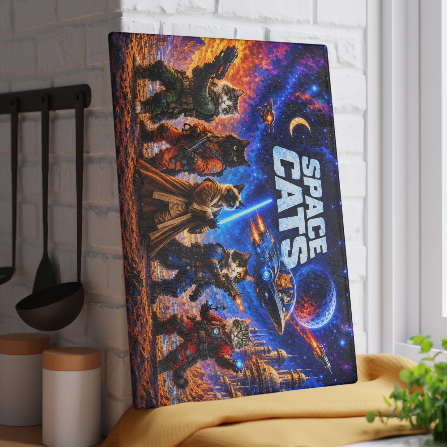 Space Cats Glass Cutting Board – Colorful Cosmic Cat Adventure Artwork